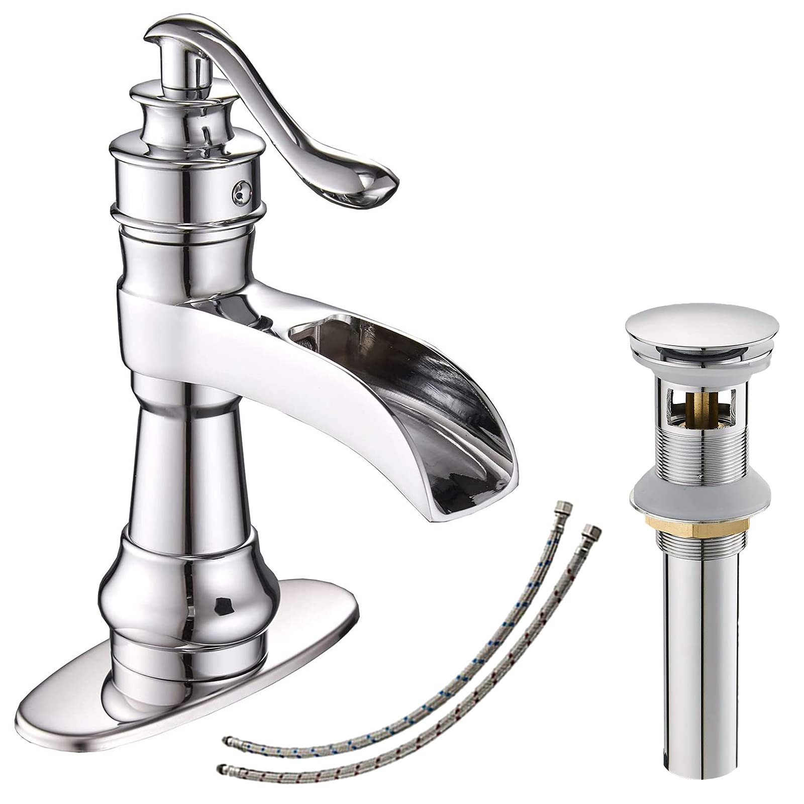 BATHLAVISH Chrome Waterfall Bathroom Sink Faucet - Single Hole Single Handle Lavatory Vanity Faucet with Pop Up Drain & Overflow - Polished Chrome Finish for Modern Bathroom & Powder Room Decor