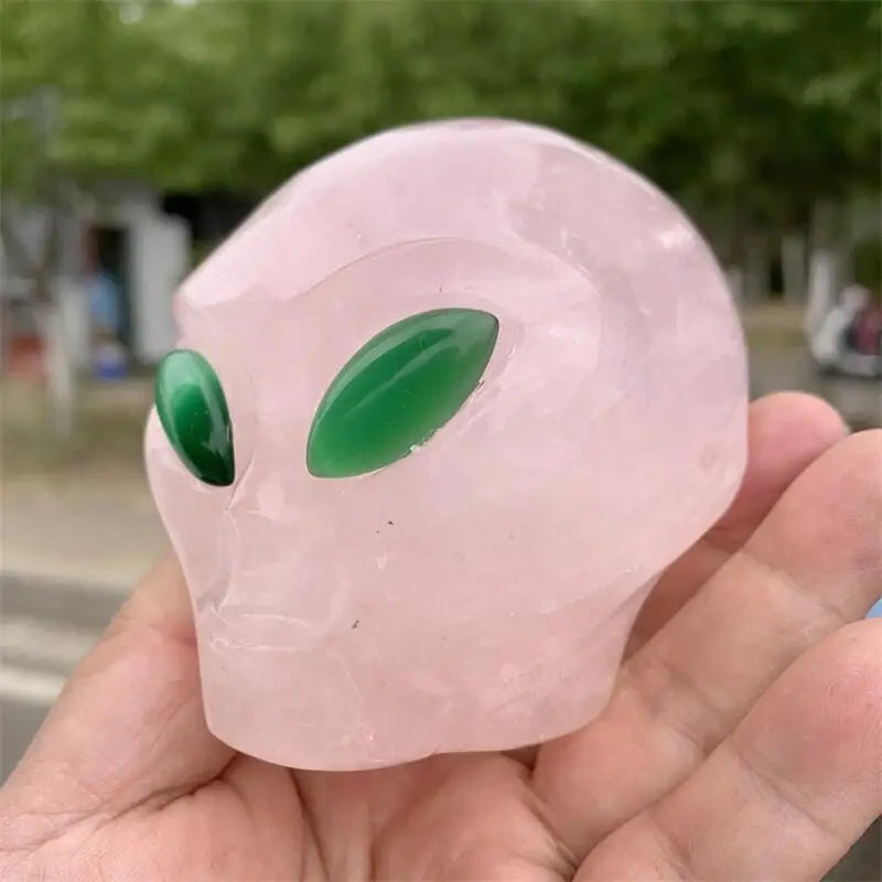 Hand Carved Natural Rose Quartz Crystal Alien Skull - Healing Reiki Stone, Unique Halloween Decor & Spiritual Gift for Home, Meditation & Energy Work