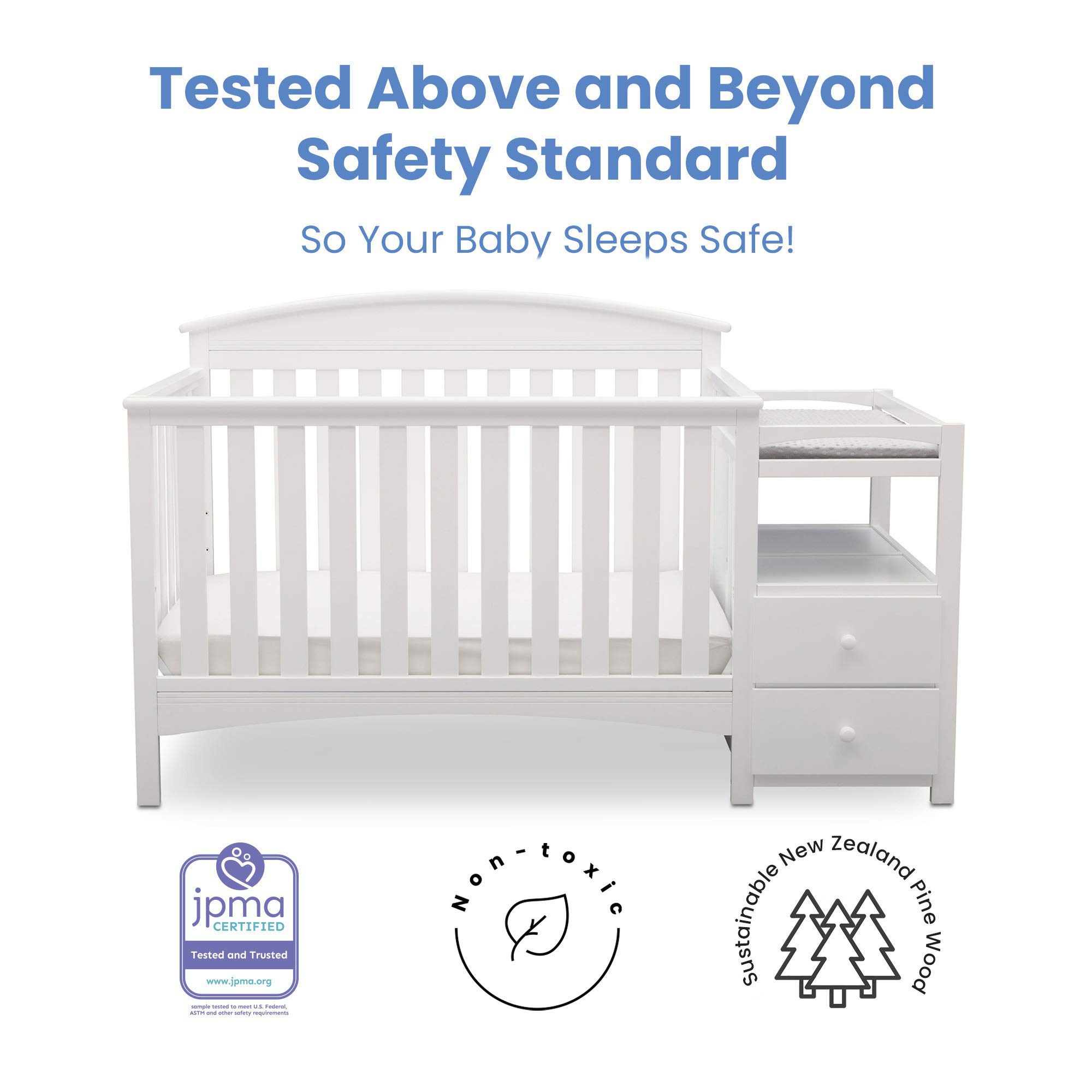 Delta Children Abby Convertible Crib and Changer - Bianca White | 3-in-1 Baby Crib with Changing Table | Nursery Furniture for Newborns & Toddlers | Perfect for Small Spaces & Modern Nurseries
