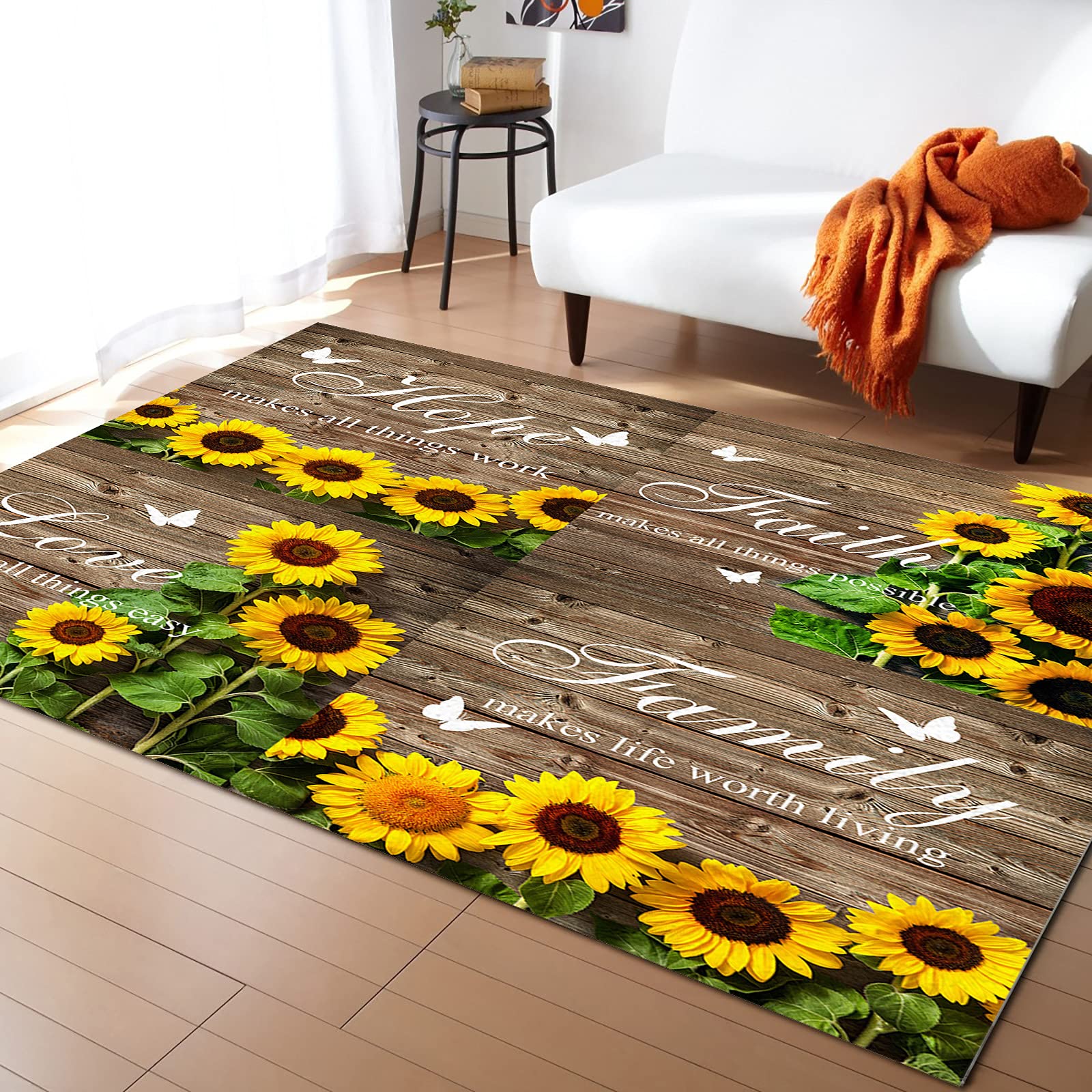 Washable Non-Slip Indoor/Outdoor Accent Rug - 2.6ft x 5ft Bathroom Mat, Front Door Carpet, Bedroom & Kitchen Floor Decor with Sunflower Design on Wooden Board | Perfect for High-Traffic Areas, Entryways, and Cozy Home Spaces