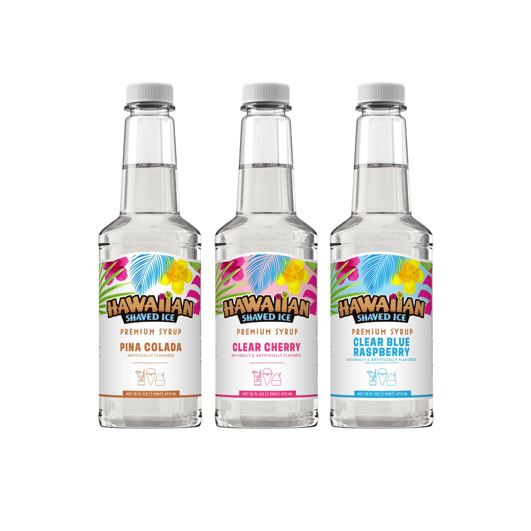 Hawaiian Shaved Ice Syrup Variety Pack - 3 Bottles (16oz Each) | Top Flavors: Cherry, Pina Colada, Blue Raspberry | All-Natural, Dye-Free & Allergy-Friendly | Perfect for Snow Cones, Slushies, Cocktails & DIY Frozen Treats | Great for Parties, Summer Events & Home Desserts