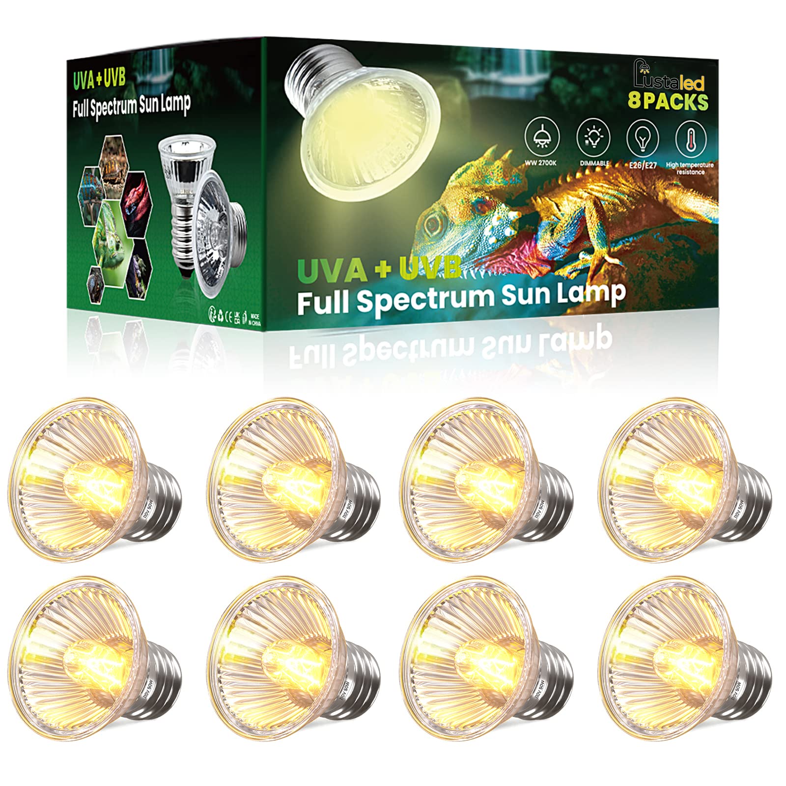 50W Reptile Heat Lamp Bulb - UVA UVB Full Spectrum Sun Light, E26 Dimmable Basking Bulb for Turtles, Lizards, Amphibians & Terrariums (8-Pack) - Perfect for Reptile Habitats, Nighttime Heating & UV Supplementation