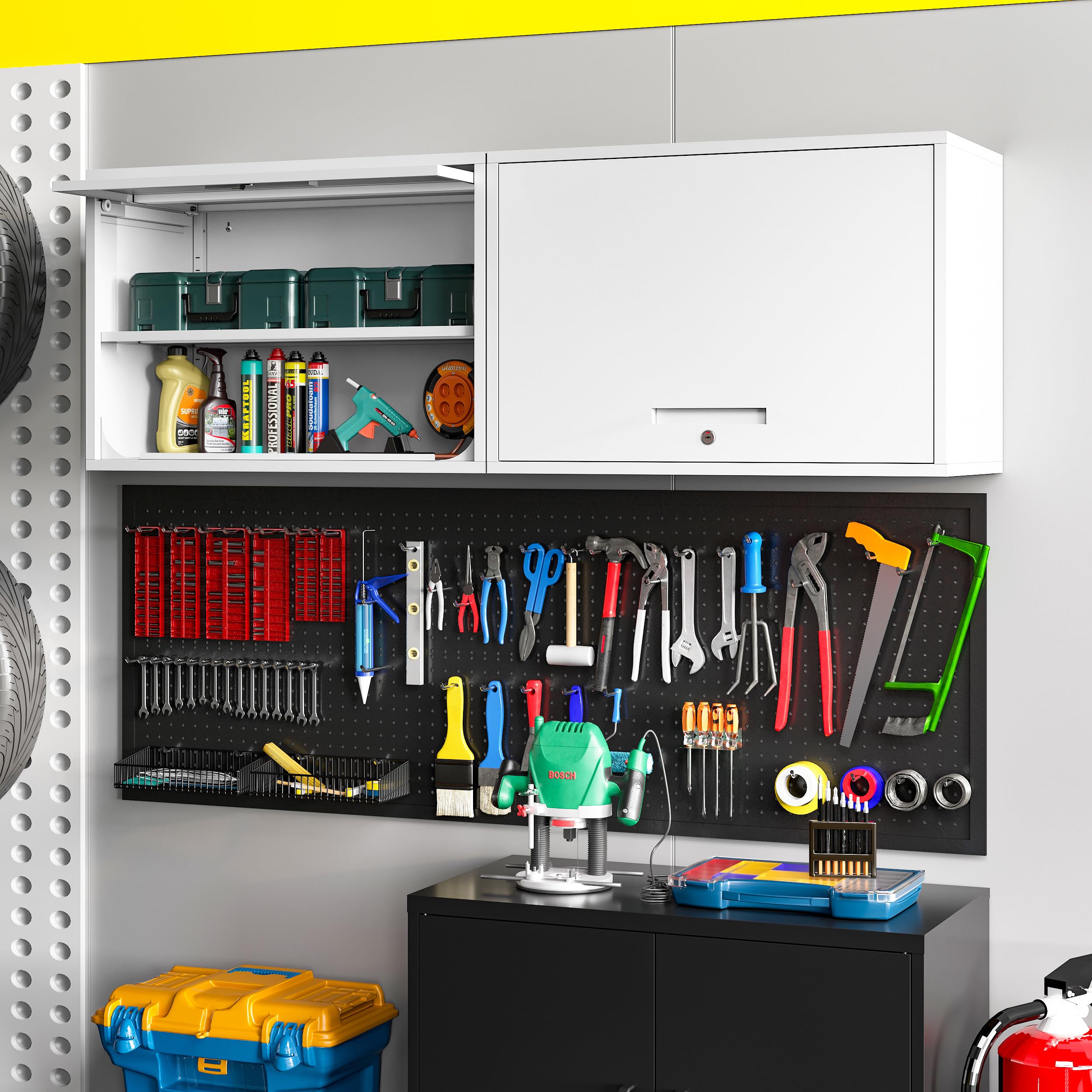 White Metal Wall Storage Cabinet with Lock - 2 Shelves & Flip-Up Door for Garage, Kitchen, Home Workshop - Easy Assembly (21.6''H) - Perfect for Organizing Tools, Pantry Items & DIY Supplies