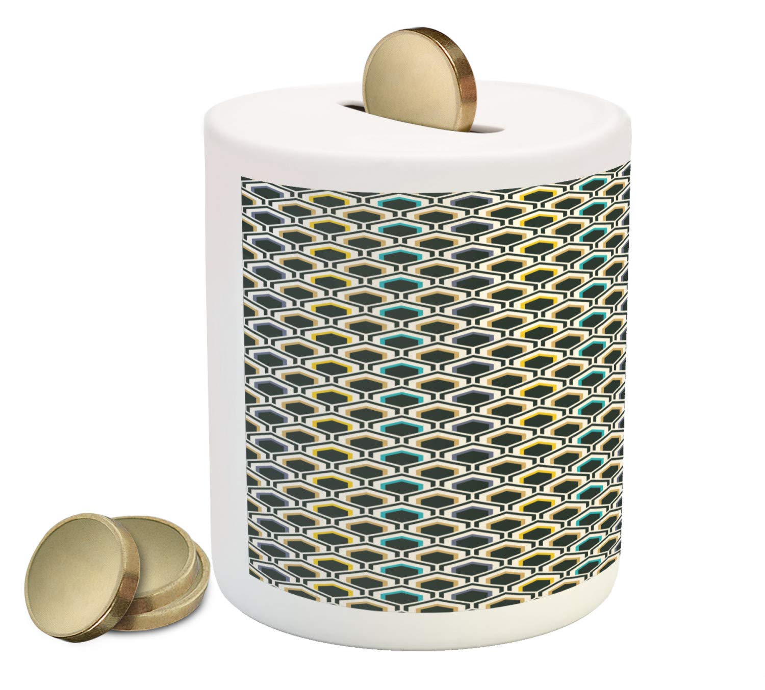 Ambesonne Geometric Ceramic Piggy Bank - Hexagonal Design with Retro Chevron Pattern in Black, Sky Blue & Yellow - Money Saving Coin Bank for Kids & Adults - Perfect for Home Decor, Gifts & Savings Goals