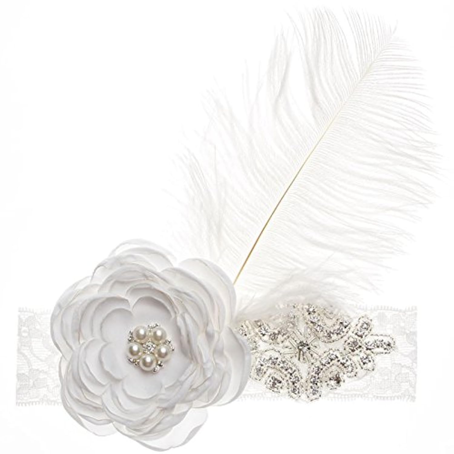 Nishine Baby Girls Rhinestone Flower Lace Headband - Elastic Infant Headbands for Newborns - Soft Hair Bands for Toddlers (White) - Perfect for Birthday Parties, Photo Shoots & Daily Wear