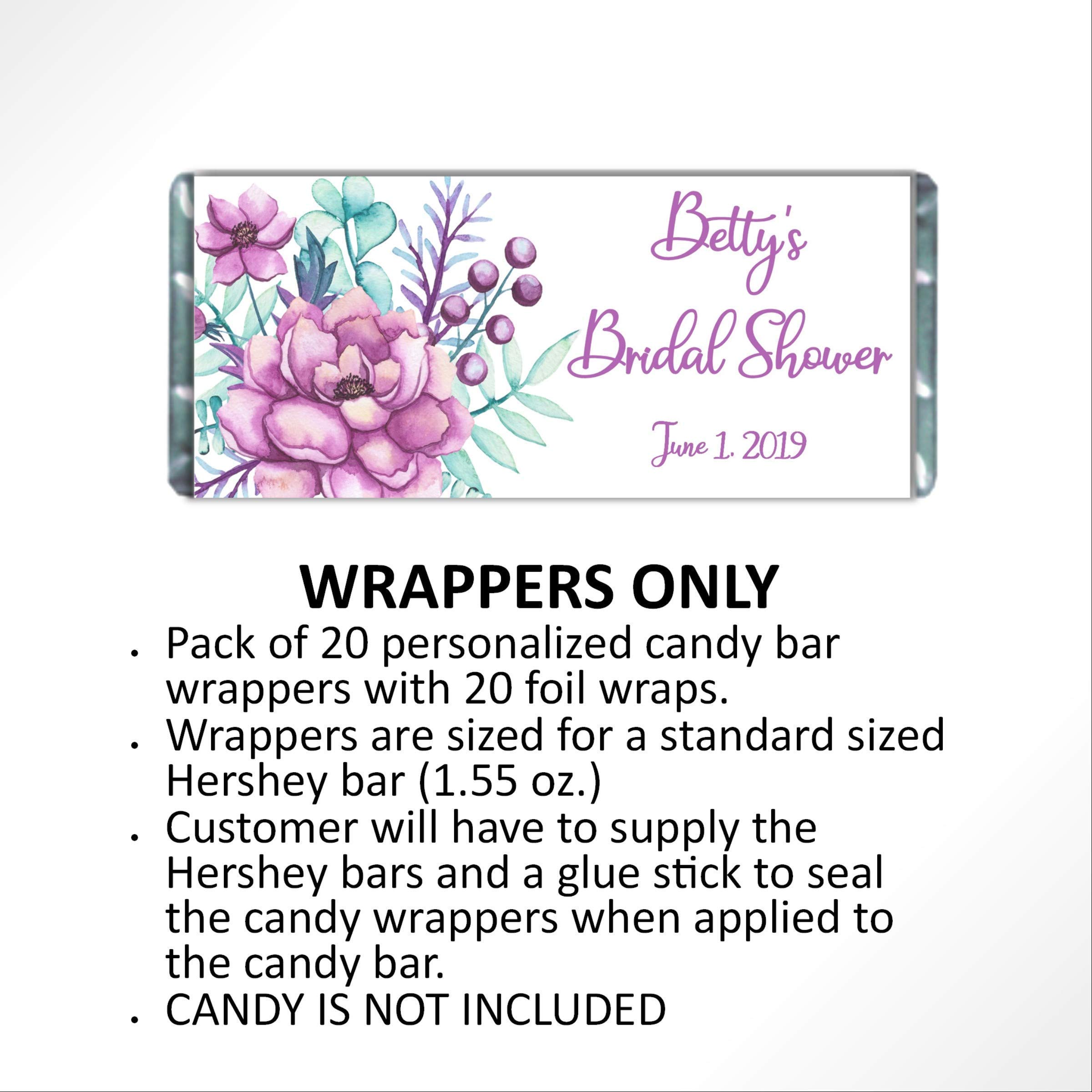 Custom Wedding Hershey Bar Wrappers - Elegant Purple Floral Design - Pack of 20 Personalized Candy Wrappers for Bridal Showers, Baby Showers & Party Favors