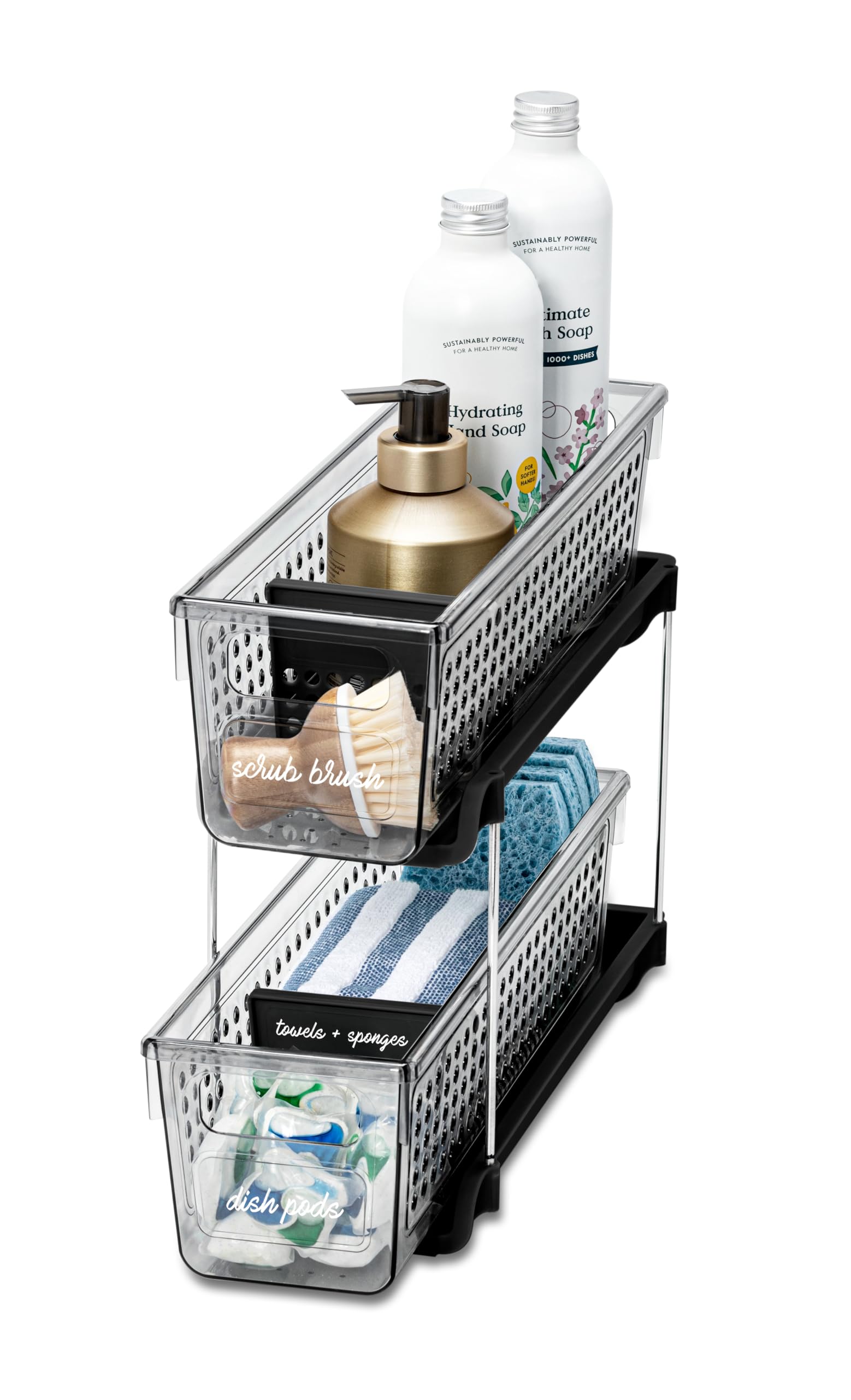 Madesmart Mini 2-Tier Plastic Storage Organizer with Slide-Out Bins - Space Saving Under Sink & Cabinet Organizer for Kitchen, Bathroom, Office - Carbon Black