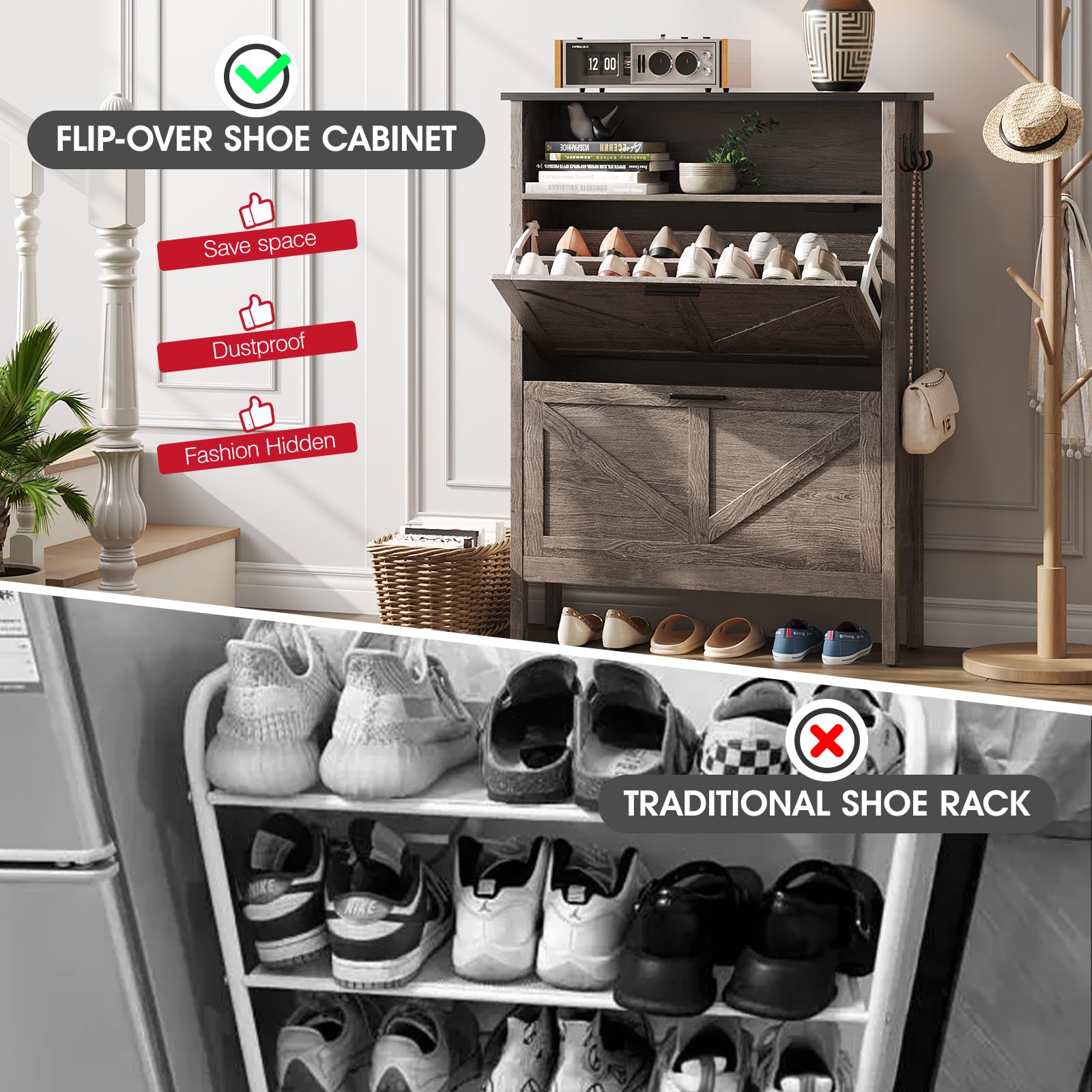 Shoe Storage Cabinet with 2 Flip Drawers - Automatic Deodorizing Shoe Organizer - Freestanding Grey Shoe Rack for Closet, Entryway & Bedroom Organization