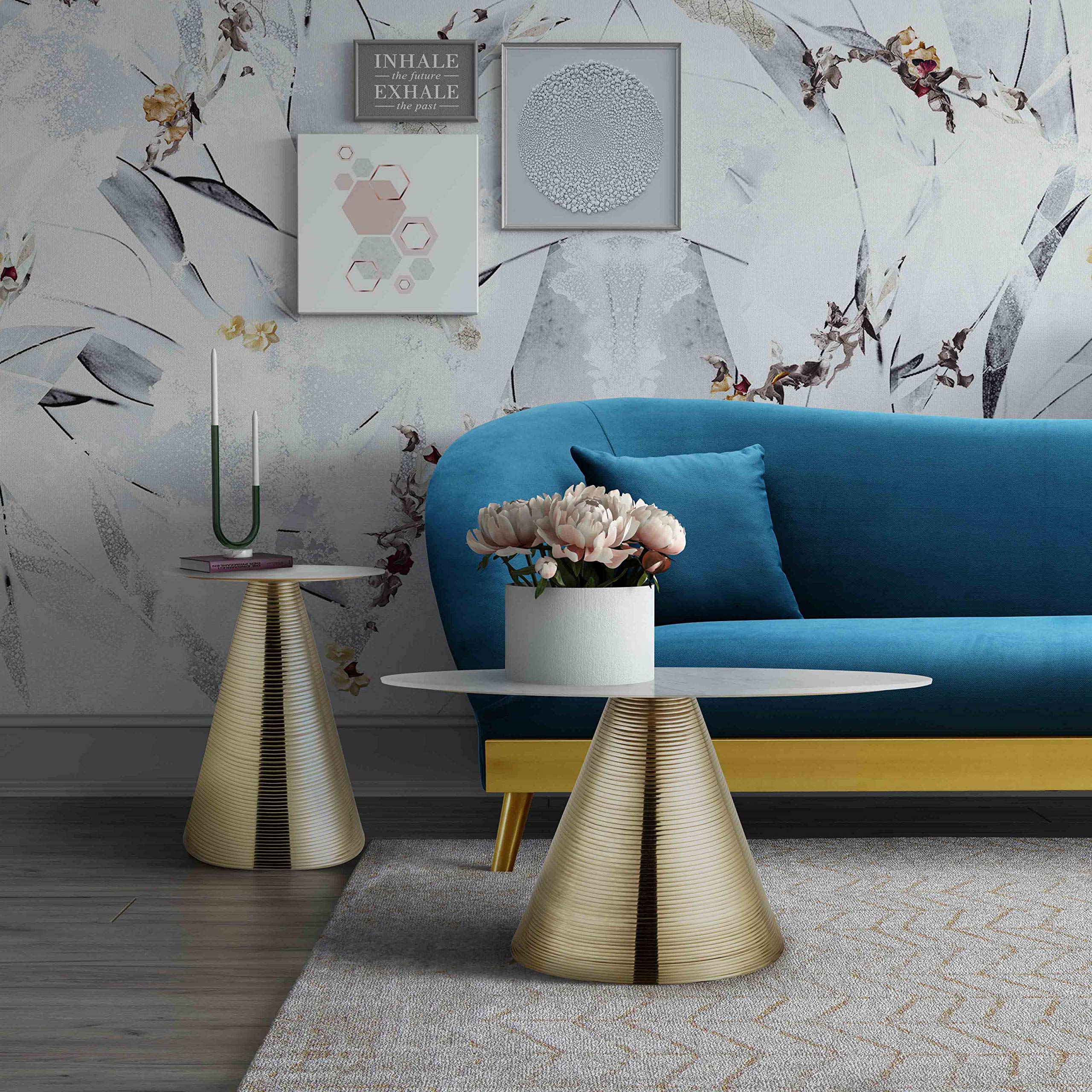 TOV Furniture Tempo Modern Round Marble Coffee Table with Gold Base - 30 Inch White Marble Top - Luxury Living Room Center Table for Home Decor & Entertaining