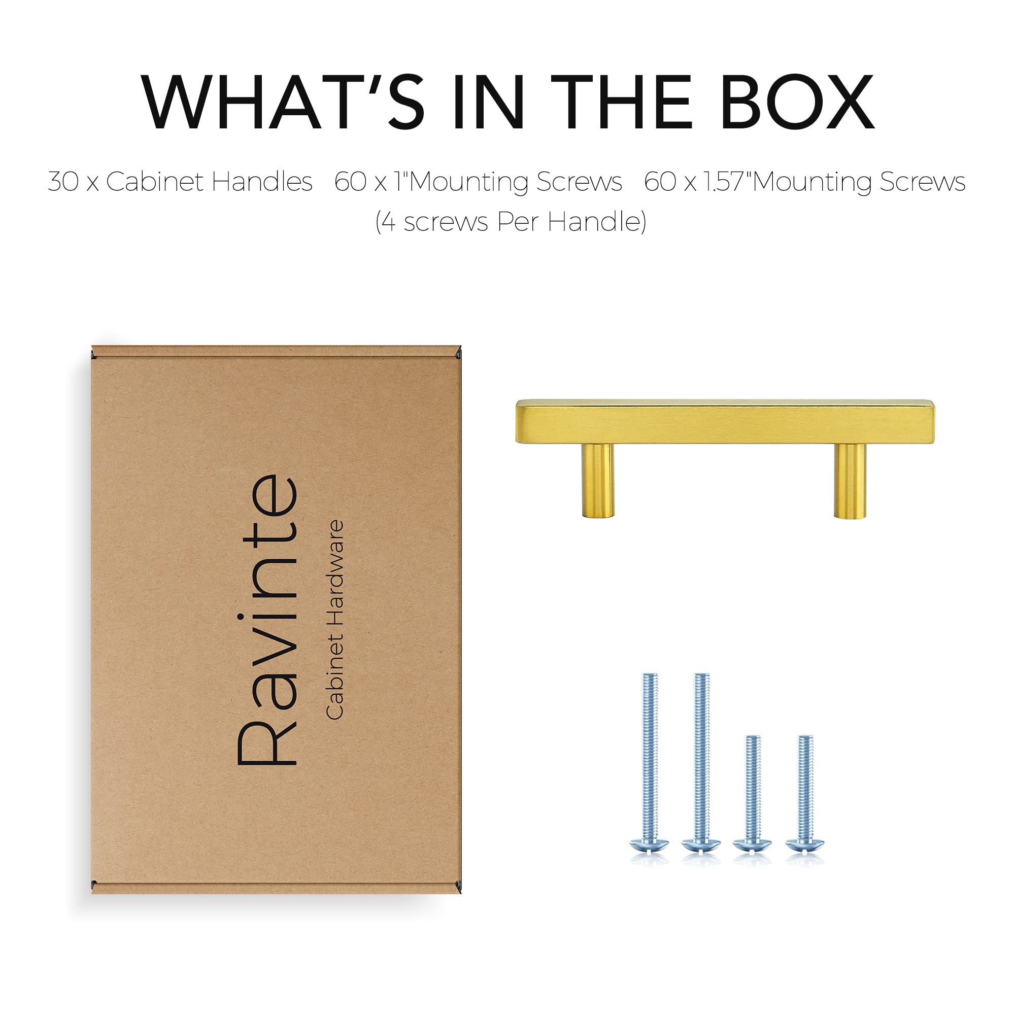 30 Pack 5 Inch Square Cabinet Pulls - Brushed Brass Stainless Steel Kitchen Drawer Handles (5