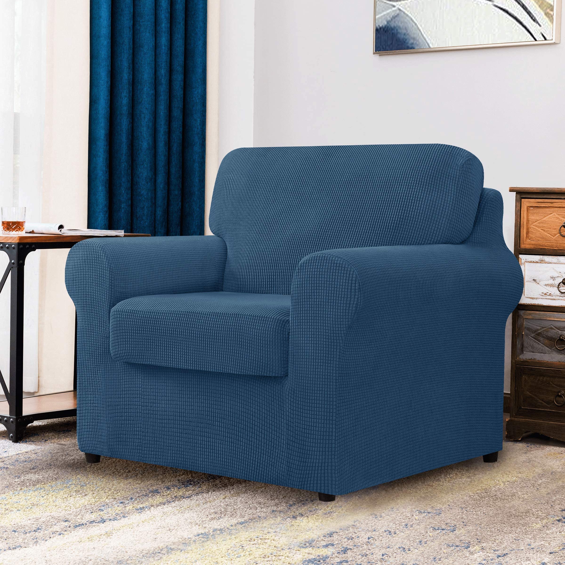 CHUN YI 2-Piece Armchair Sofa Slipcover Set - Stretchable Jacquard Fabric Couch Cover with Detachable Backrest & Cushion Covers (Denim Blue Checkered Pattern) - Perfect for Living Room, Office, and Home Decor