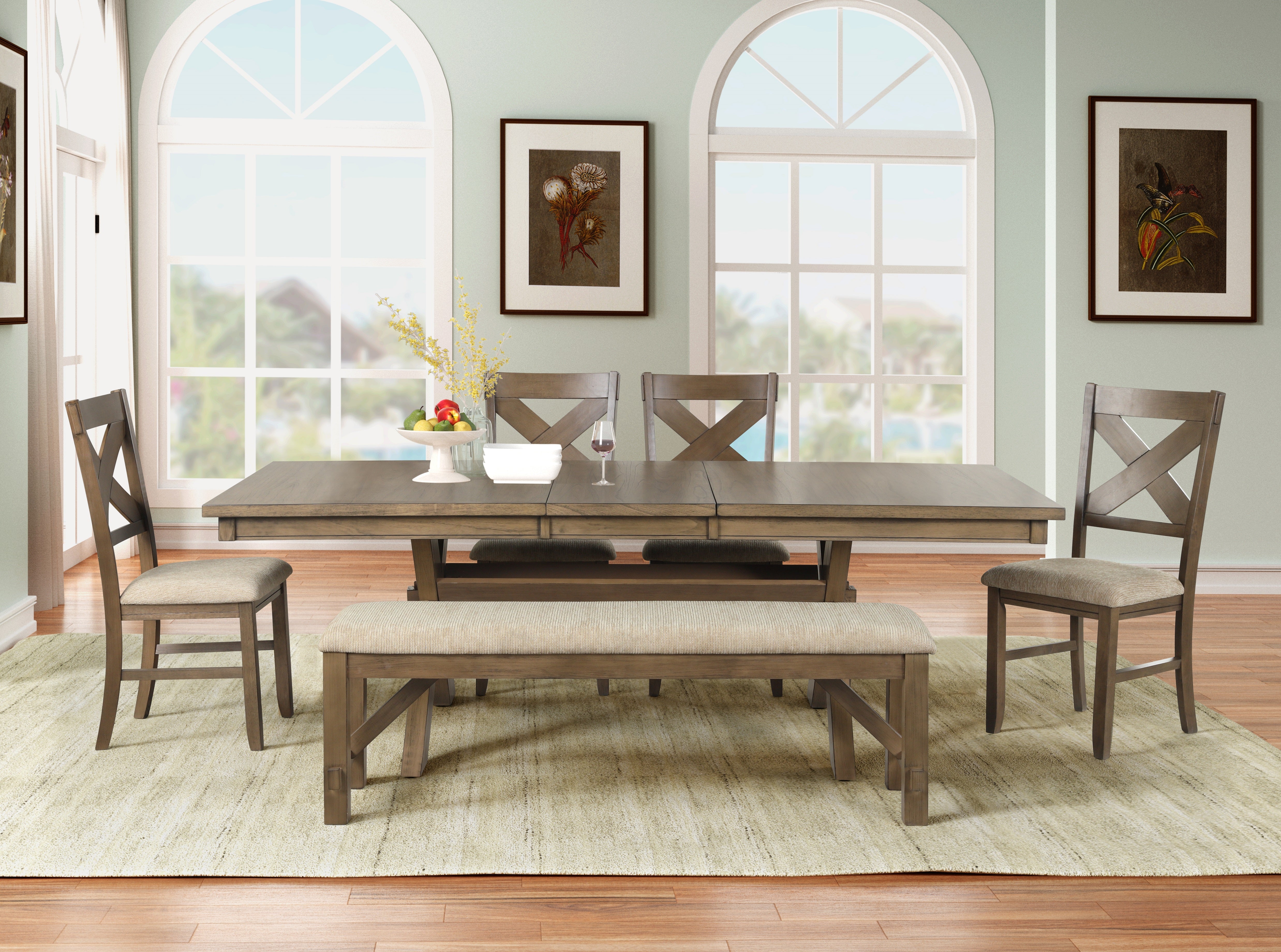 Raven Wood 6-Piece Extendable Trestle Dining Set with Table, 4 Chairs & Bench in Glazed Pine Brown - Perfect for Family Gatherings and Dinner Parties
