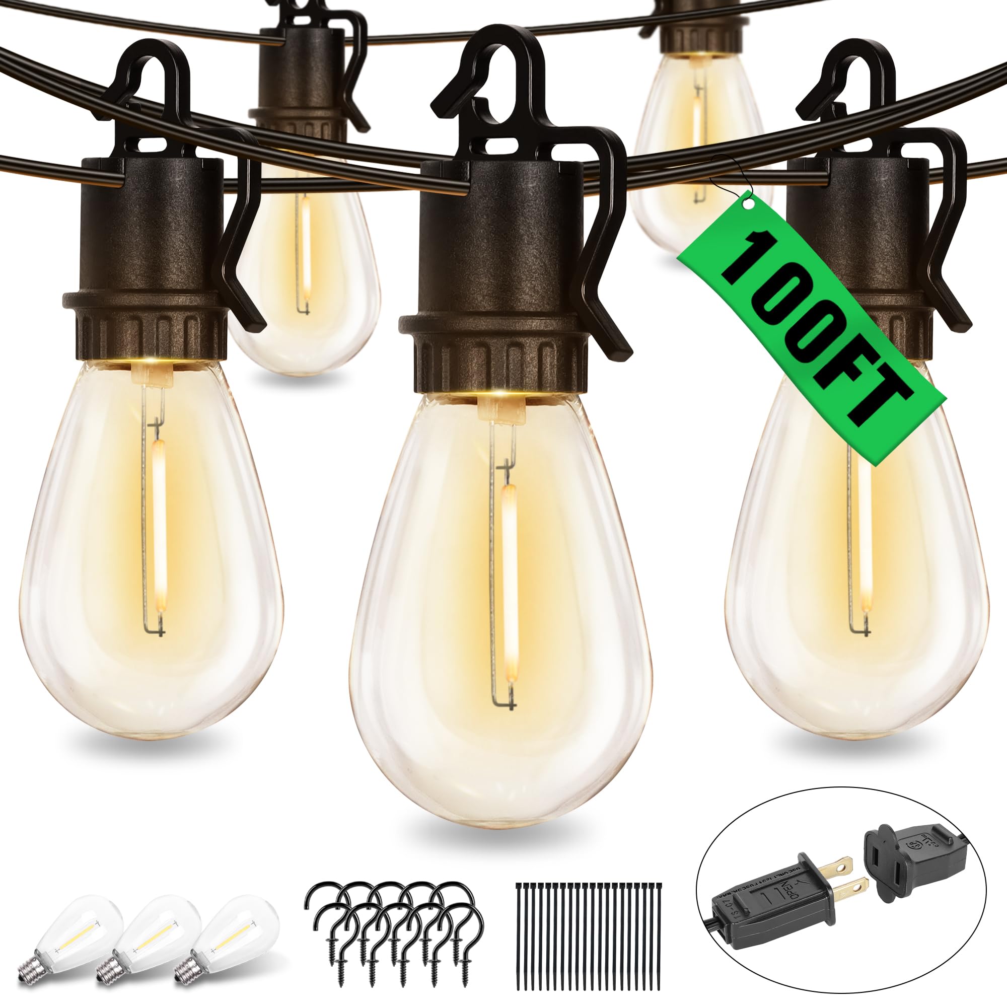 100FT Outdoor String Lights Waterproof - 35 S14 Shatterproof Sockets, Connectable Hanging LED Lights for Patio, Garden, Bistro & Backyard | IP55 Commercial Grade Weatherproof Lighting for Parties, Weddings & Outdoor Dining