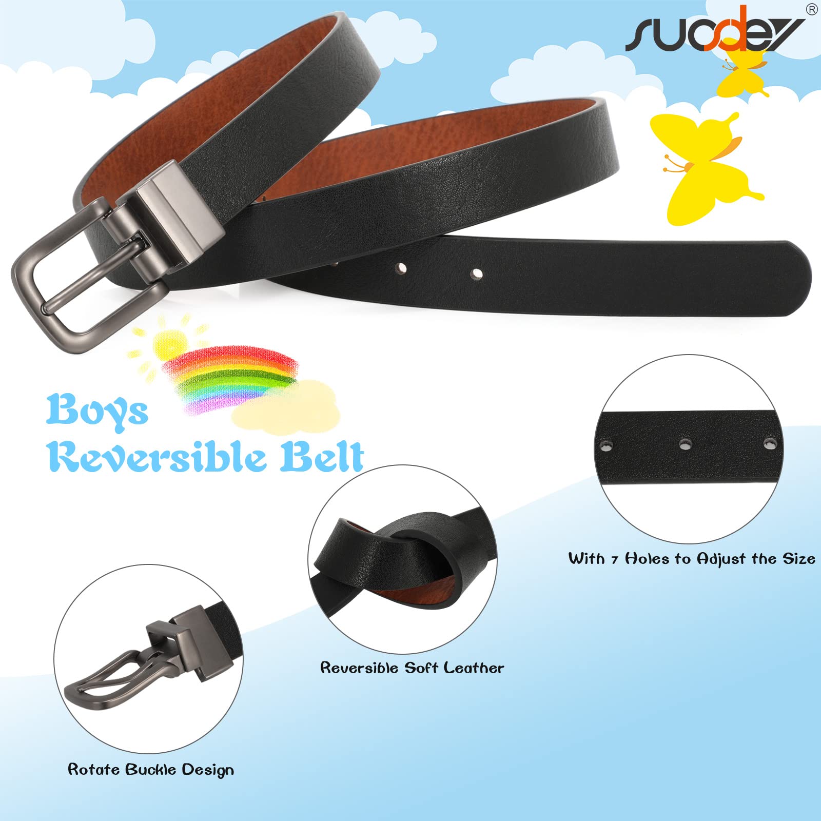 SUOSDEY Boys Reversible Leather Belt - Adjustable Kids Belt for School Uniforms & Jeans | Classic Casual Back to School Accessory for Children | Perfect for Daily Wear & Special Occasions