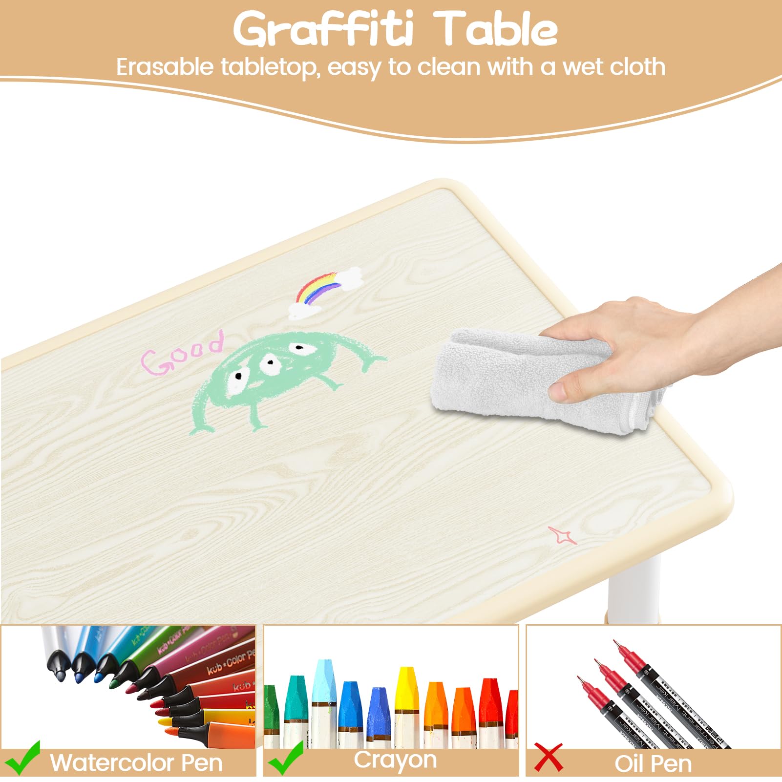 Adjustable Kids Table and Chair Set for Toddlers Ages 2-10 - 4-Piece Children's Activity Table with Graffiti Desktop & Non-Slip Legs - Perfect for Arts & Crafts, Daycare, Classroom and Home Learning Playtime