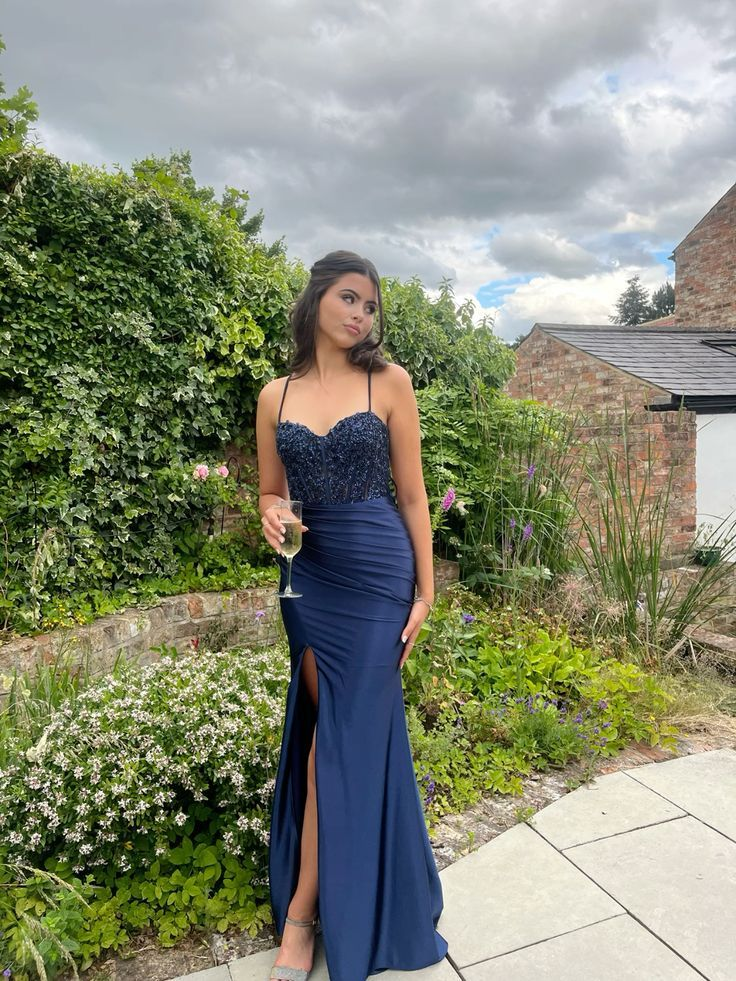 Elegant Navy Blue Long Prom Dress with High Slit - Formal Evening Gown for Homecoming, Wedding & Special Occasions - Style J5789