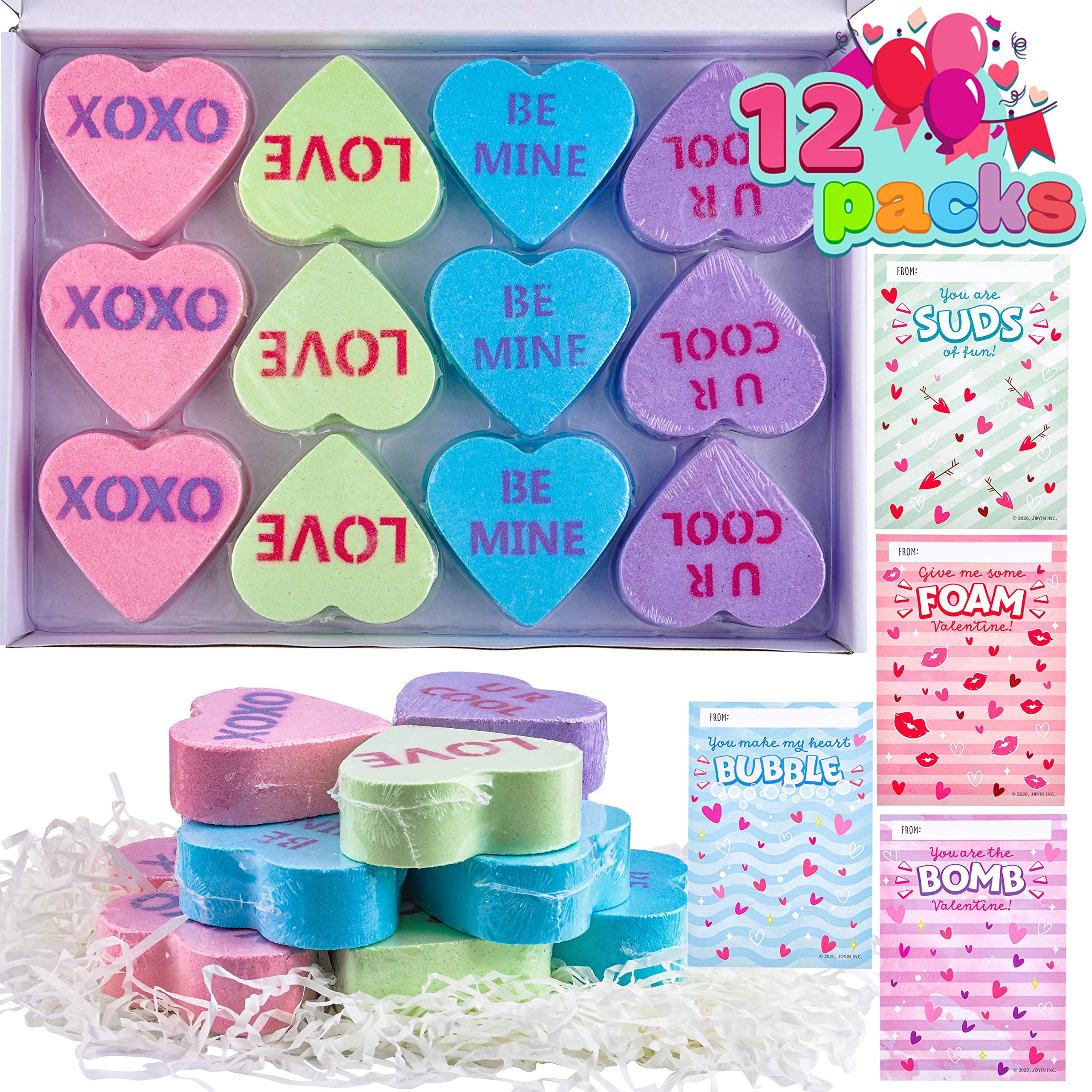 JOYIN 12 Pack Heart Shaped Bath Bombs with Valentine's Day Cards - Kids Party Favors, DIY Gifts for Her, Romantic Gifts for Couples - Perfect for Spa Nights, Birthday Celebrations & Holiday Gifting