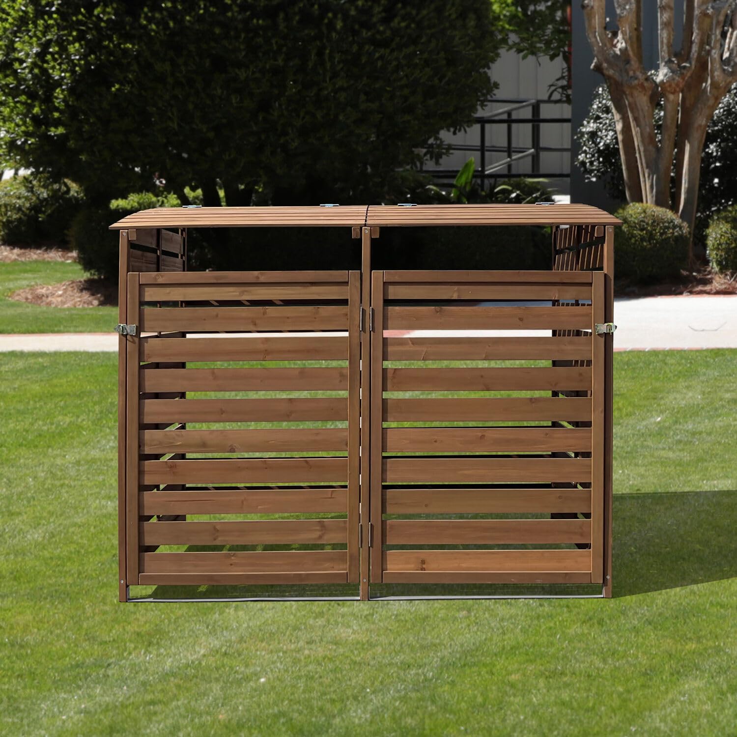 Hanover Outdoor 4.9-ft x 4-ft Weatherproof Wooden Trash Bin & Recycling Storage Shed with Locking Latch - Brown - Perfect for Yard, Carport, Driveway, Garage & Backyard Organization