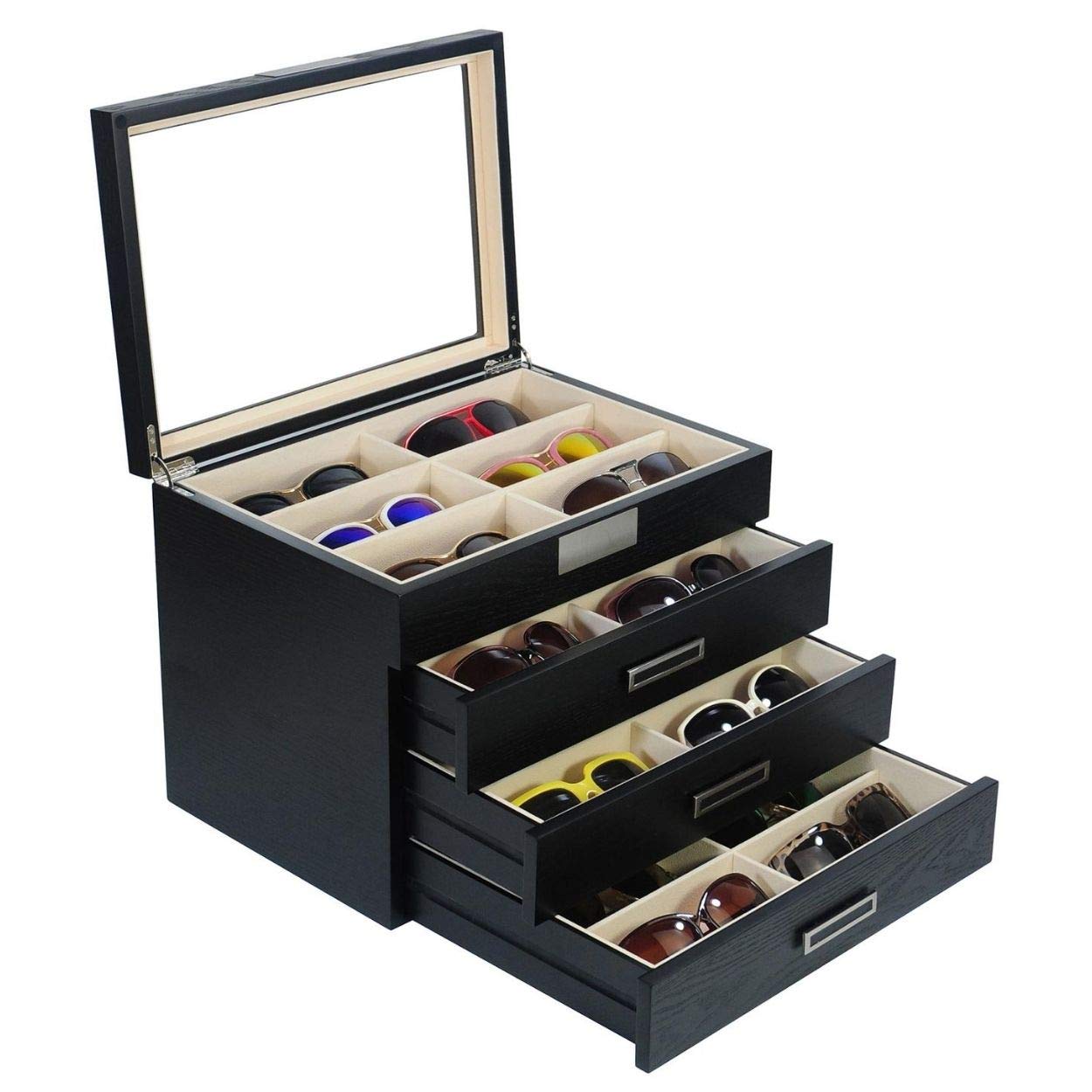 Personalized 24-Piece Large Black Wooden Eyeglass & Sunglass Display Case - 4-Tier Storage Box with Drawer | Perfect for Optical Shops, Retail Stores & Home Organization