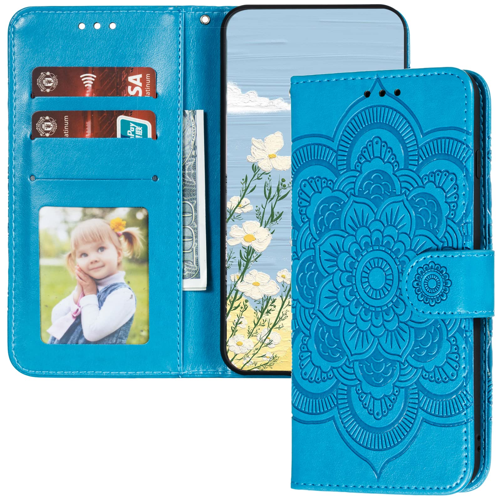 Premium PU Leather Mandala Embossed Flip Wallet Case for Samsung Galaxy A52/A52 5G - Shockproof Phone Cover with Card Holder & Kickstand (Mandala Blue) - Perfect for Work, Travel & Everyday Protection