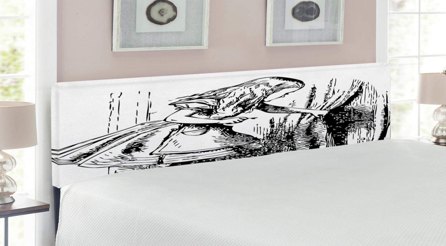 Ambesonne Alice in Wonderland Upholstered Headboard - Black & White Hidden Door Design with Memory Foam - King Size Metal Bed Frame for Adult Bedroom Decor | Perfect for Fantasy Themed Rooms, Guest Bedrooms & Alice in Wonderland Collectors