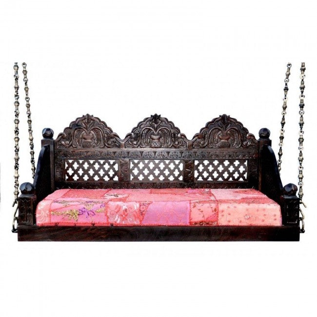 Hand Carved Elephant Design Swing Daybed 215CM - Outdoor Hanging Bed for Patio, Garden, Poolside & Backyard Relaxation
