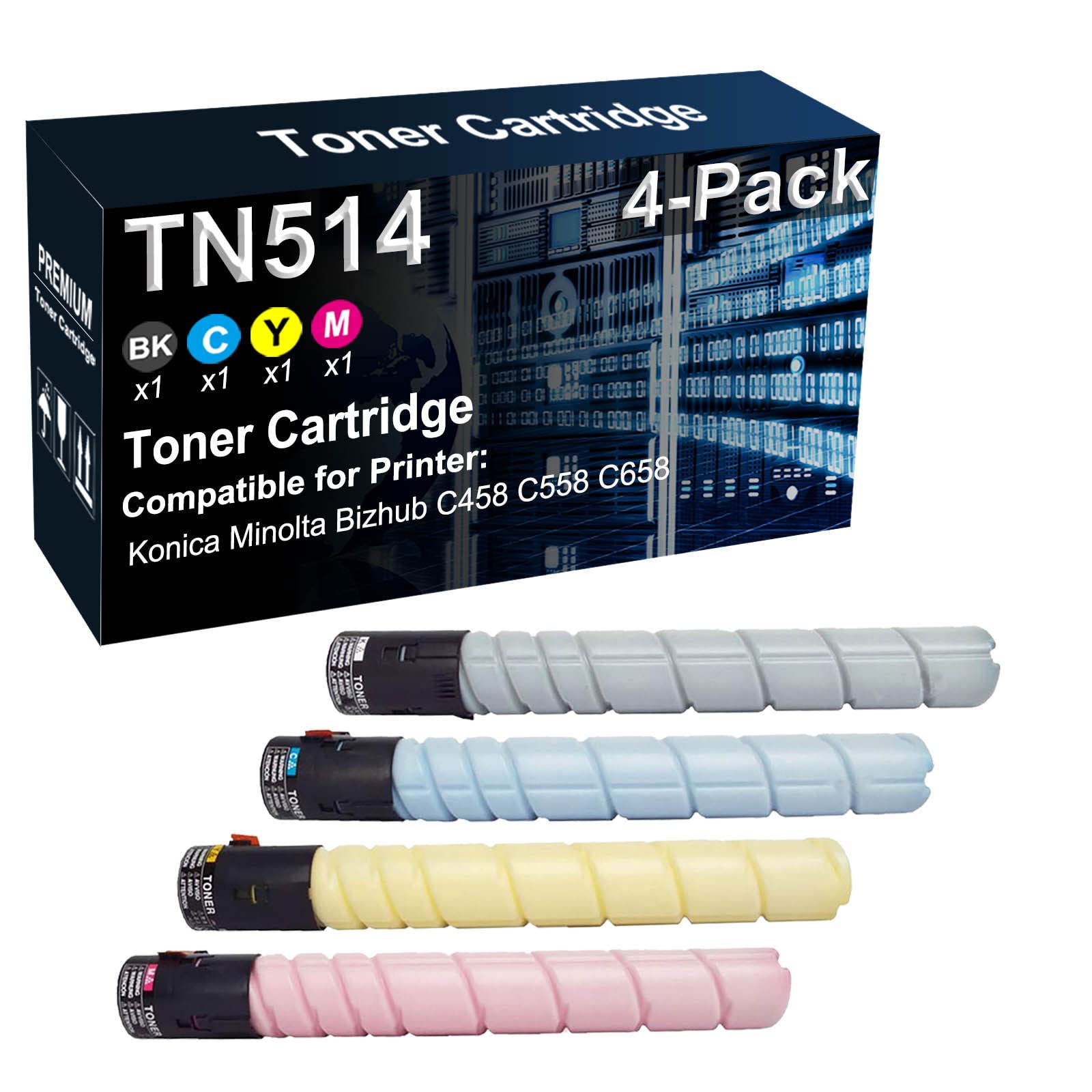 4-Pack (Black, Cyan, Yellow, Magenta) High-Yield TN-514 Compatible Toner Cartridges for Konica Minolta C458 C558 C658 Laser Printers - Perfect for Office Printing & High-Volume Document Production