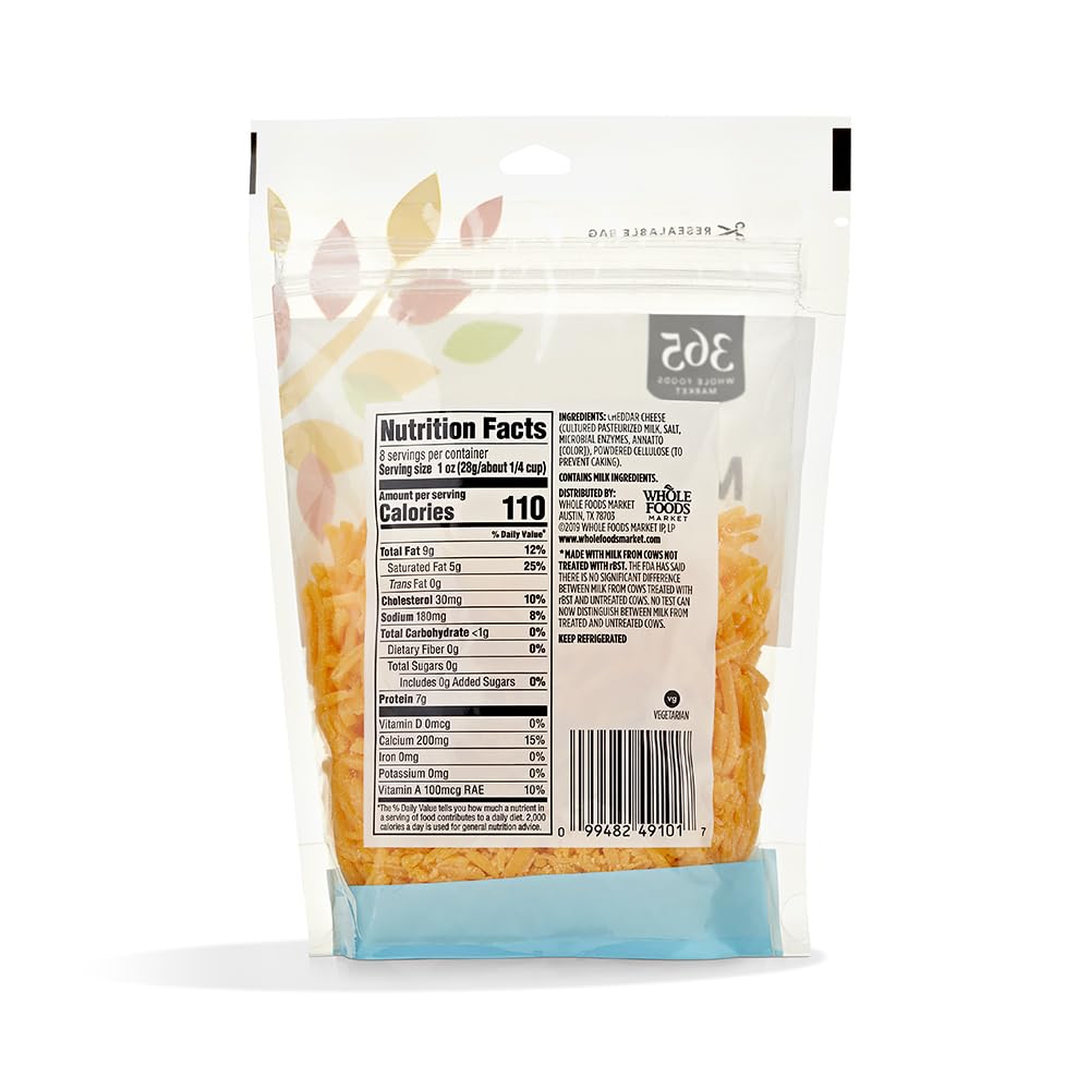 365 by Whole Foods Market, Mild Cheddar Cheese Shredded, 8 oz (Pack of 1) - Perfect for Tacos, Salads, and Baked Potatoes