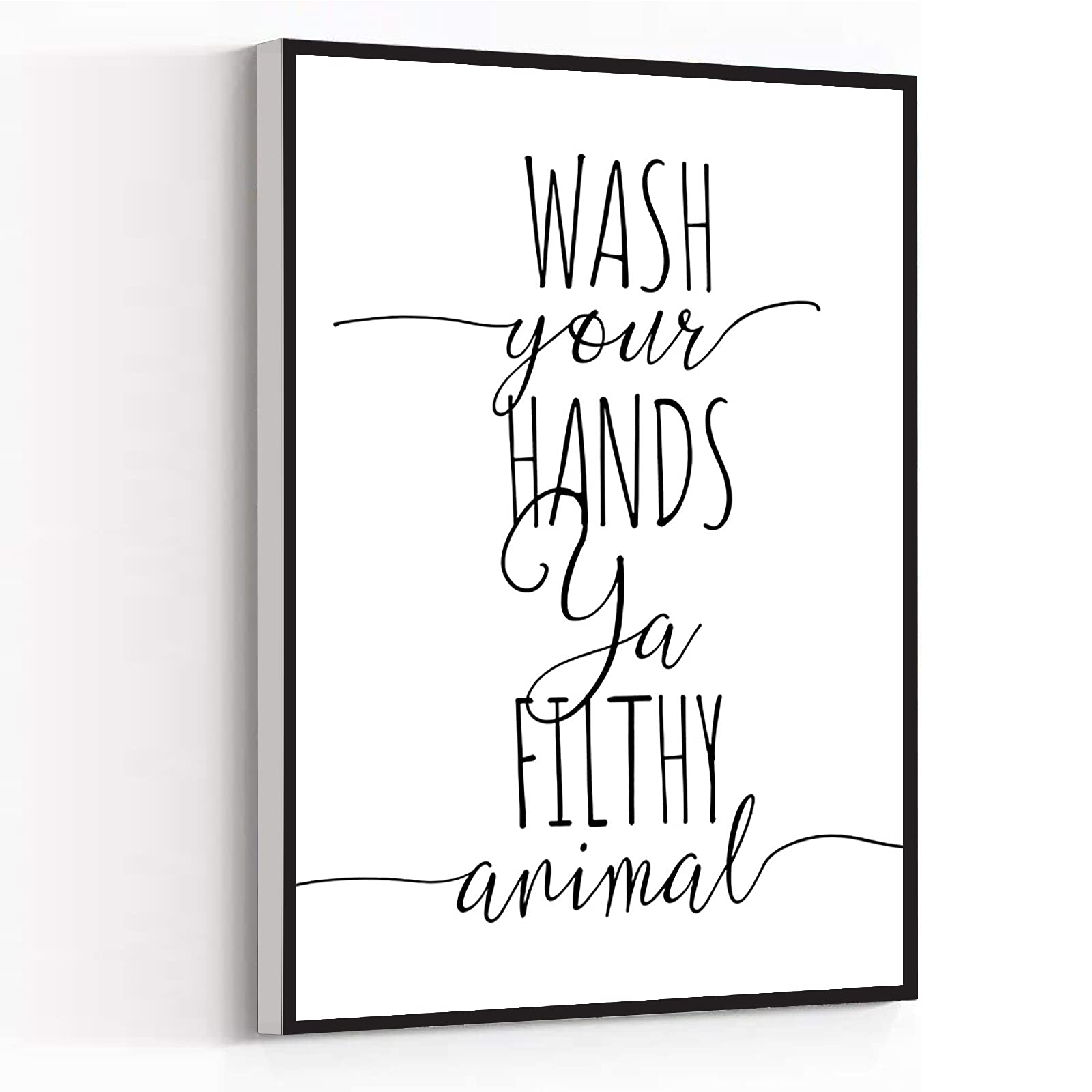 KEJPU Modern Canvas Wall Art Print - Minimalist 'Wash Your Hands' Bathroom Poster with Wooden Frame, 8x12 Inch Ready to Hang - Perfect for Home, Office & Restroom Decor