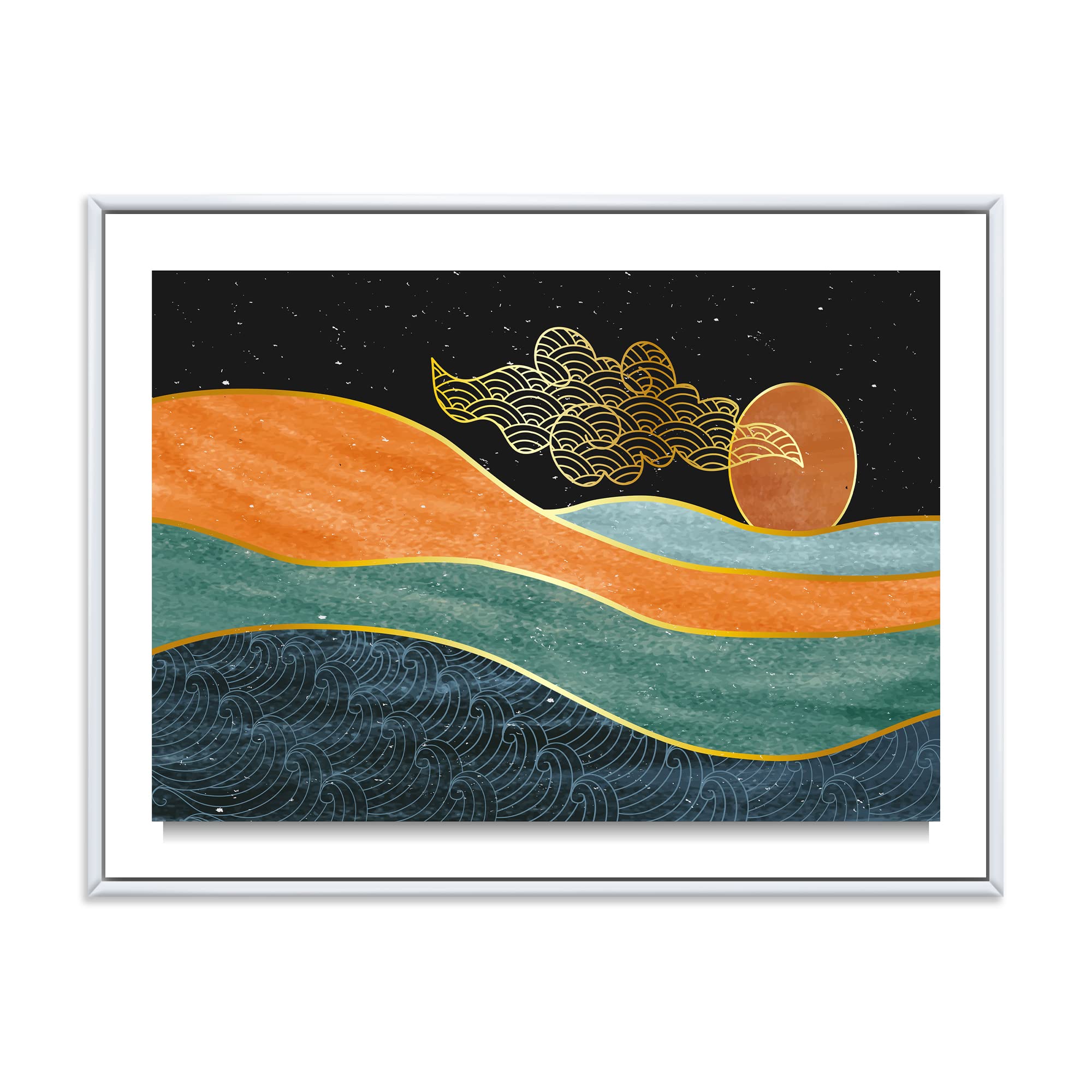 DesignQ Abstract Nature Sea Sky Sun Mountain Landscape - Modern Framed Canvas Wall Art Print for Living Room, Bedroom & Office Decor