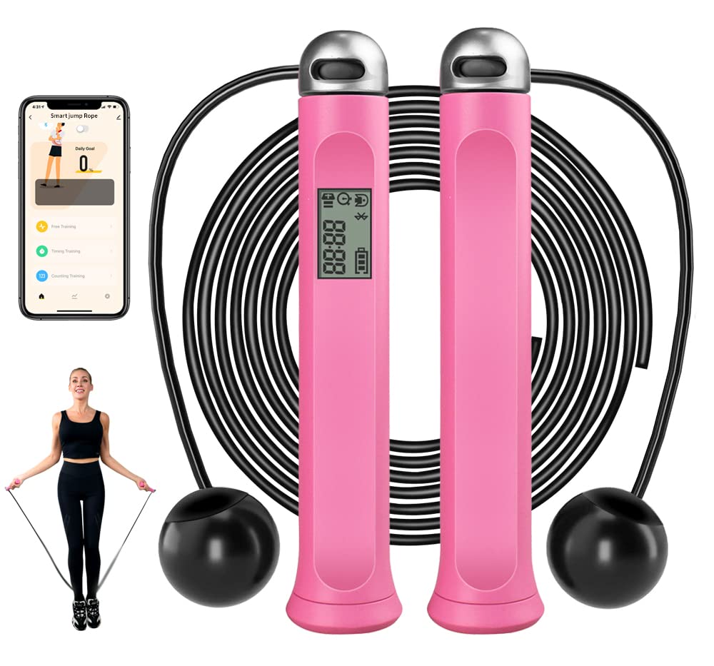Smart Jump Rope with APP Tracking & Voice Feedback - Adjustable Weighted Digital Skipping Rope for Home Gym, Crossfit, Cardio Workouts - Fitness Jump Rope for Women, Men & Kids (Pink) - Perfect for Indoor/Outdoor Exercise, Weight Loss & Family Fitness Activities