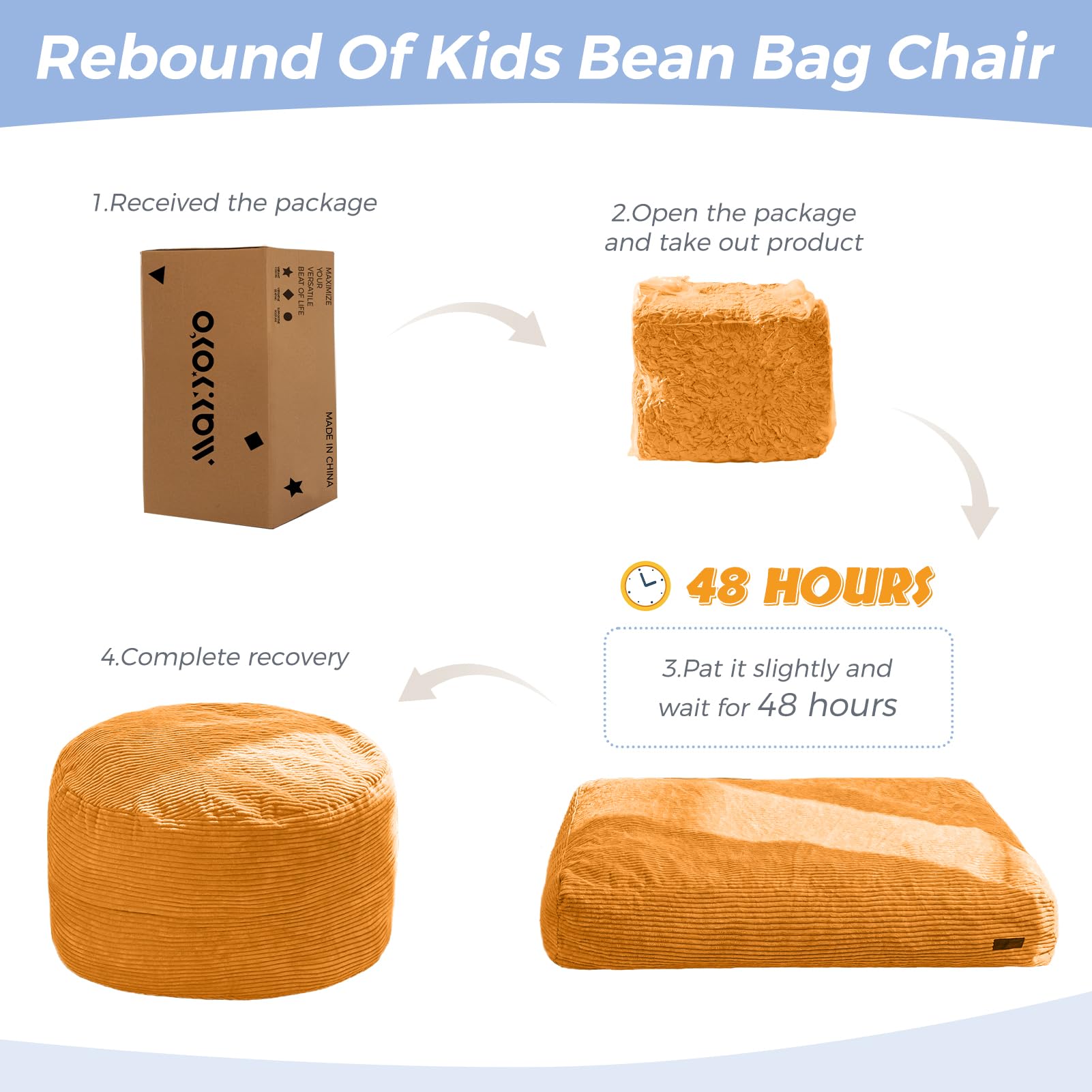 MAXYOYO Kids Corduroy Bean Bag Chair & Floor Mattress - Convertible 2-in-1 Furniture for Bedroom, Playroom & Dorm | Soft Orange Fabric for Reading, Gaming & Relaxation