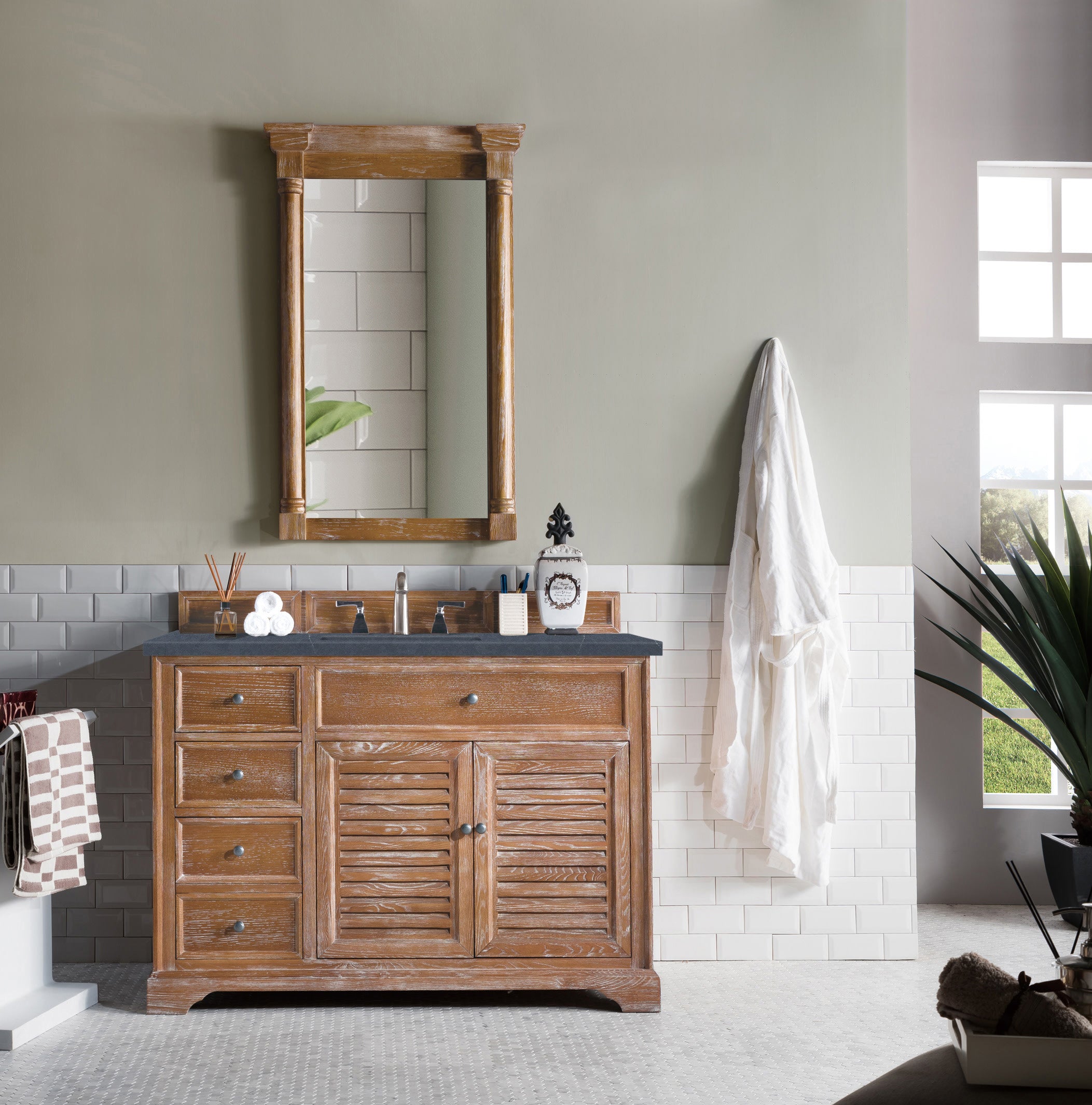 Savannah 48 Inch Single Bathroom Vanity Cabinet in Driftwood Finish with 3CM Charcoal Soapstone Quartz Countertop - Perfect for Modern Farmhouse, Coastal, or Transitional Bathroom Designs