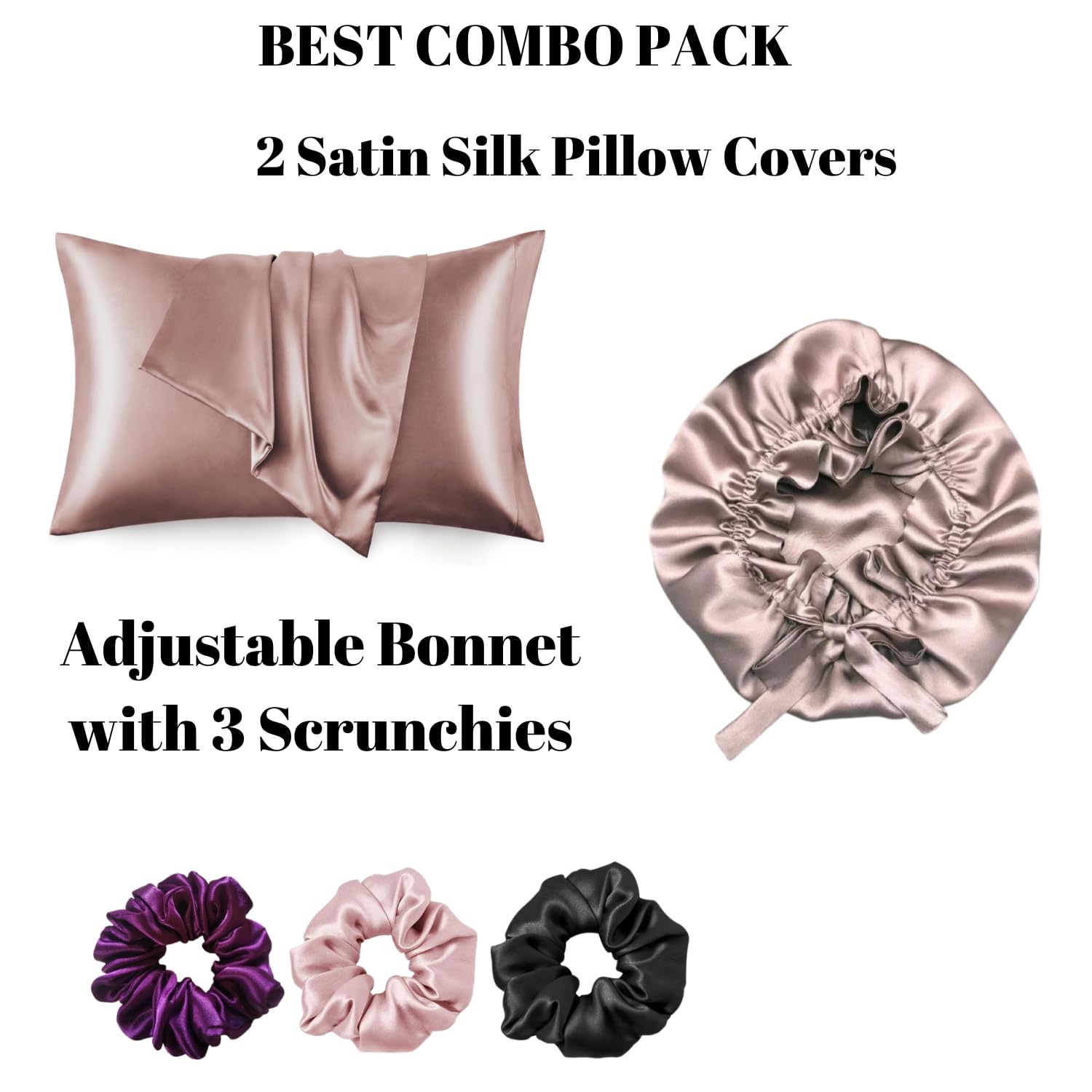 Silk Satin Bonnet for Curly Hair & 2 Satin Pillowcases + 3 Scrunchies Set - Best Hair Protection Gift Combo for Women | Nighttime Hair Care, Travel Essentials & Bedroom Luxury Accessories
