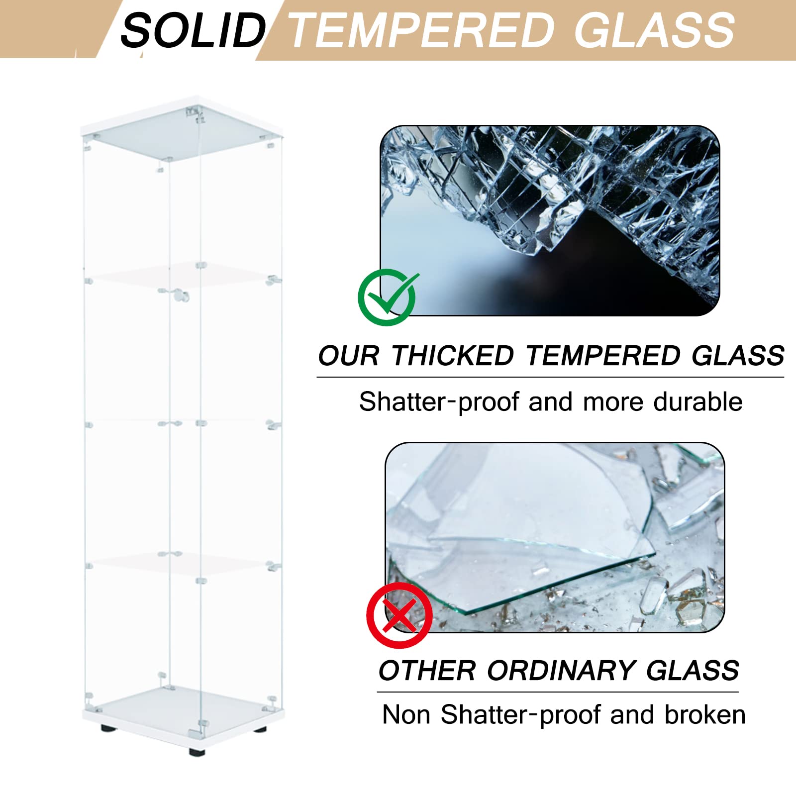 4 Tier Glass Door Display Cabinet - Curio Cabinet with Tempered Glass Shelves, Floor Standing Bookshelf & Storage Organizer for Living Room, Bedroom, Office - Easy to Assemble - Perfect for Showcasing Collectibles, Books & Home Decor