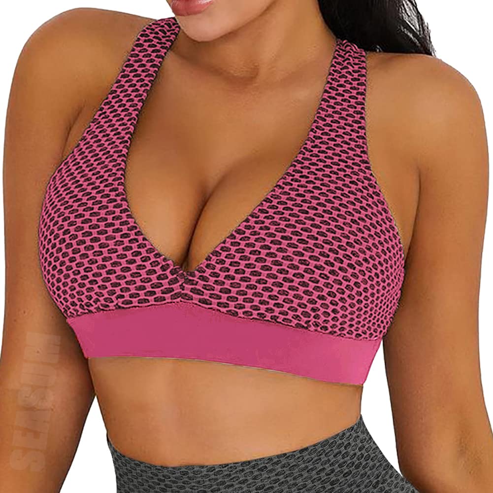 SEASUM Women's High Support Sports Bra - Textured Mid-Impact Yoga Crop Top for Gym, Running & Workout | Moisture-Wicking & Breathable Activewear for Fitness & Daily Wear