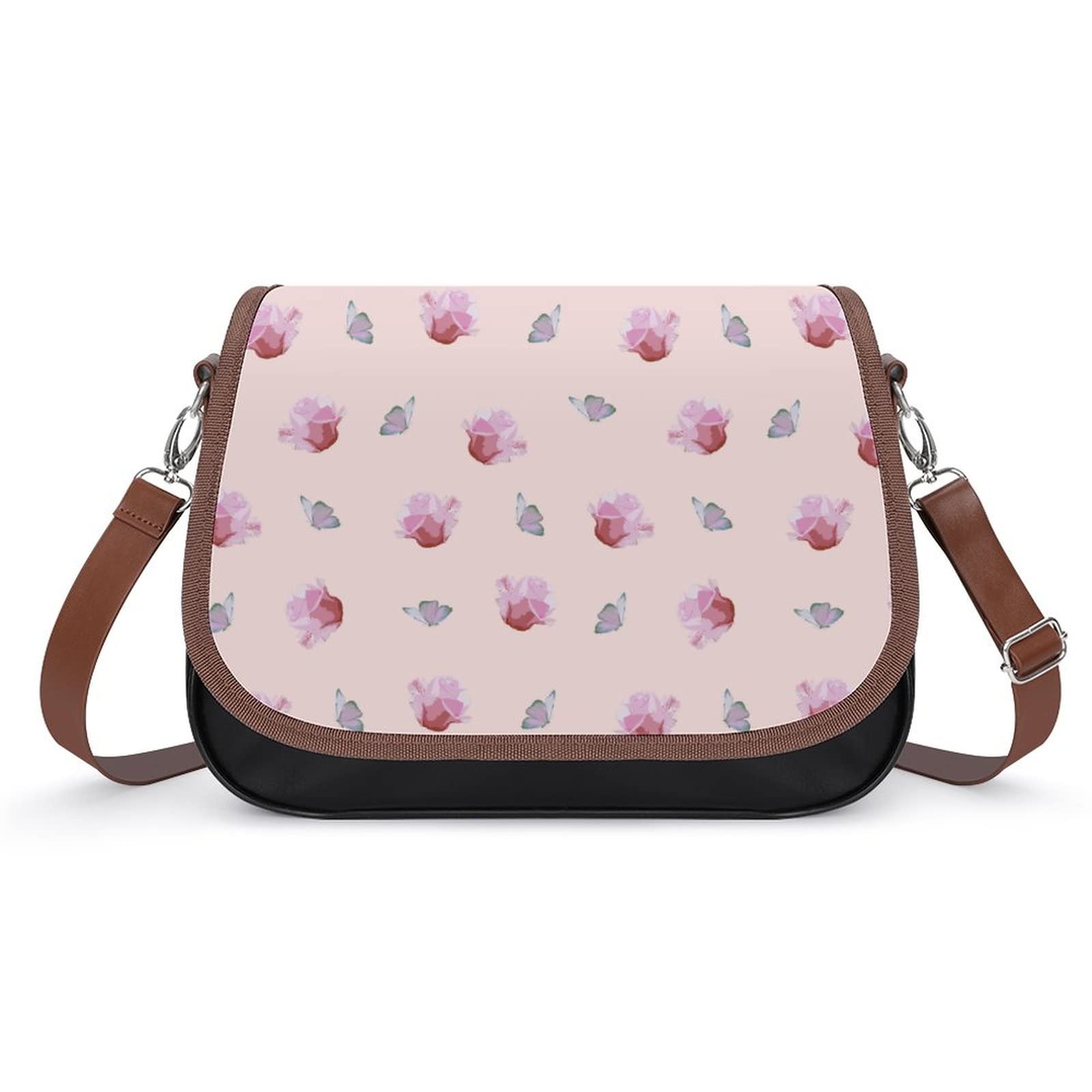 Women's Leather Crossbody Bag - Printed Pink Rose Butterfly Satchel Shoulder Purse for Casual Outings, Travel & Everyday Use