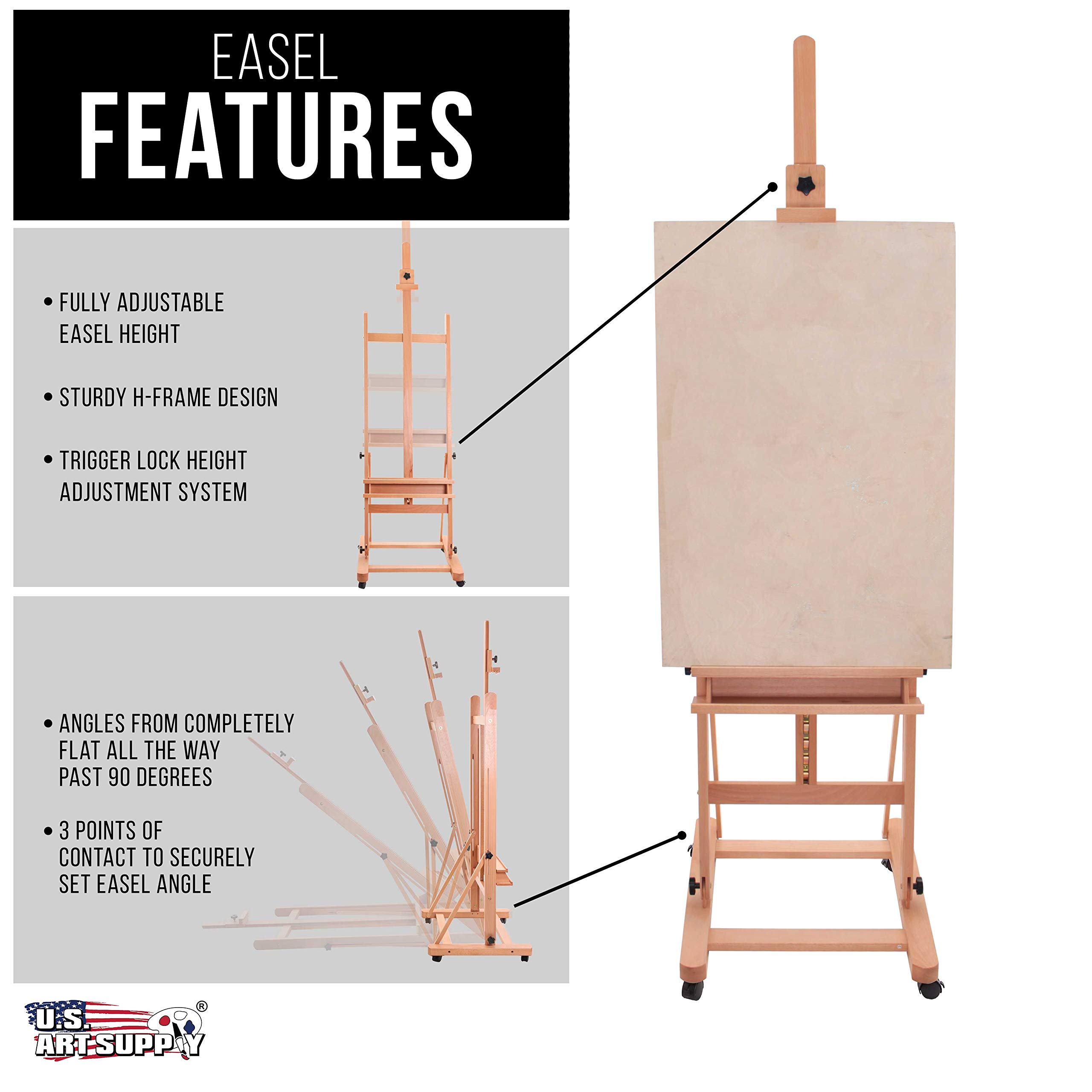 U.S. Art Supply Adjustable Beechwood H-Frame Studio Easel with Storage Tray & Wheels - Extends to 96