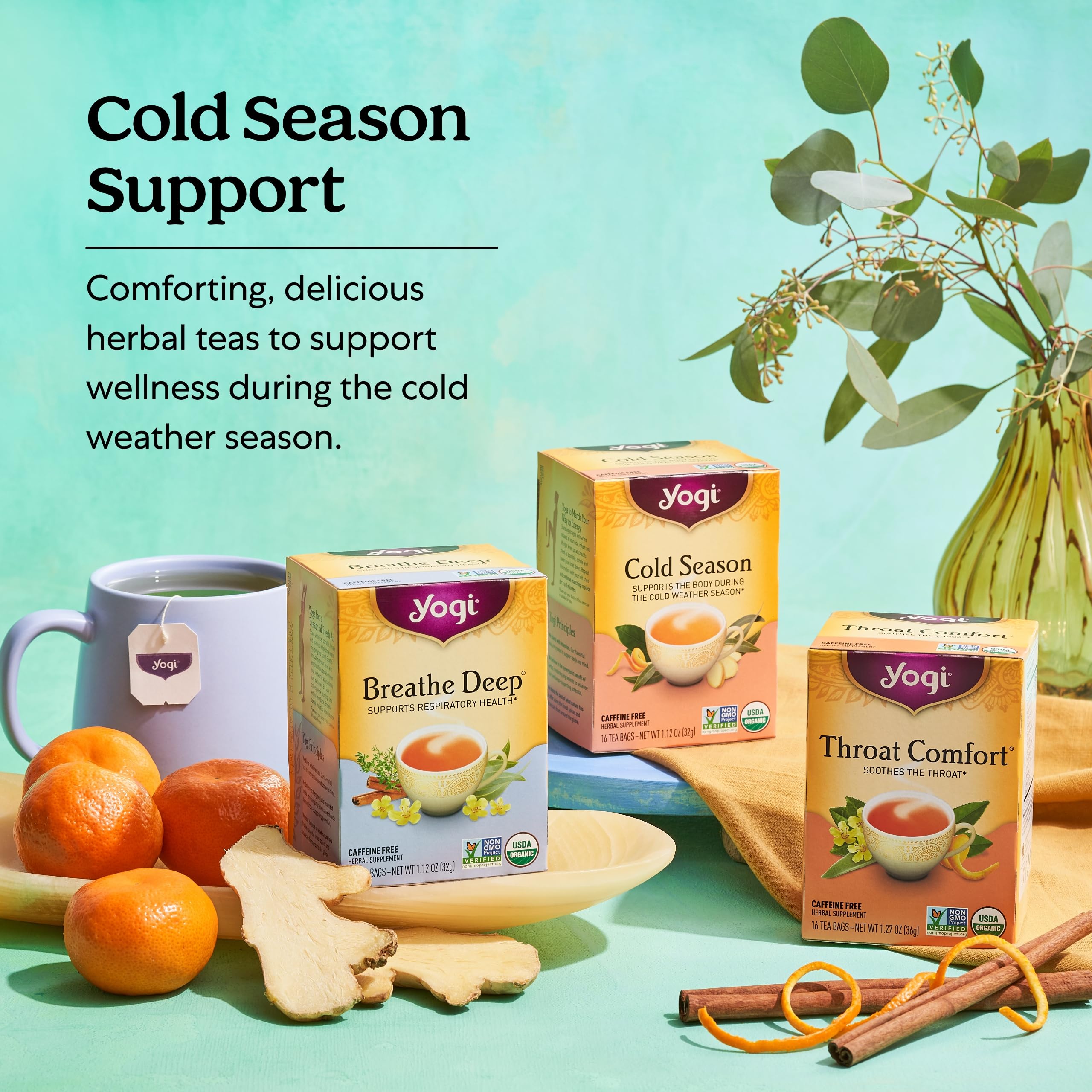 Organic Yogi Cold Season Tea - 6 Pack (16 Tea Bags Each) | Herbal Respiratory Support with Ginger, Cardamom & Eucalyptus | Immune Boost for Winter & Flu Season | Perfect for Cold Weather & Wellness Rituals