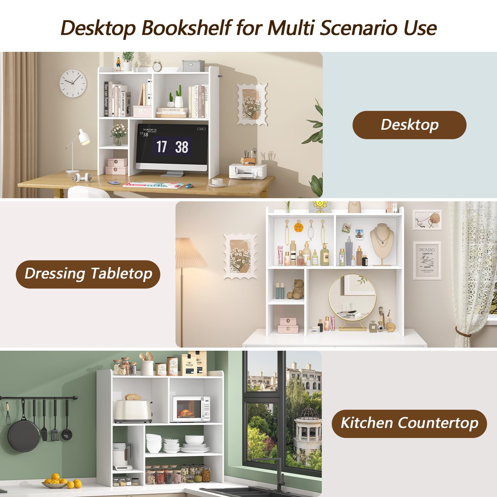 Adjustable 5-Tier Desktop Bookshelf Organizer - White Computer Desk Shelf with Storage Hutch for Home Office & Dorm | Perfect for Displaying Books, Decor & Office Supplies on Your Workspace