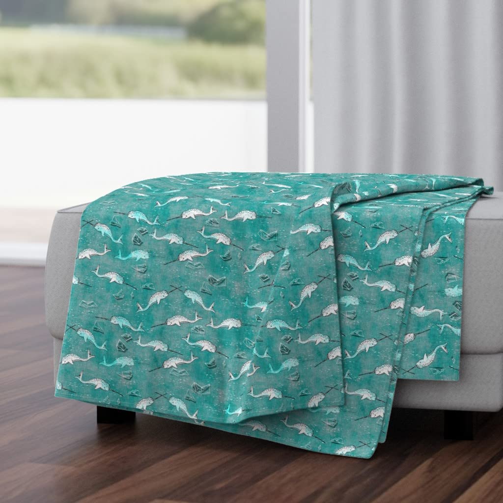 Narwhal Symphony Aqua Plush Minky Throw Blanket 50x70 Inches - Soft Geometric Print Arctic Whale Blanket for Bed, Couch & Nursery Decor