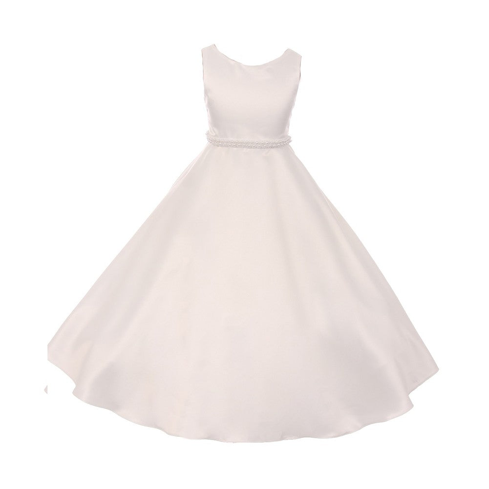 Big Girls Ivory A-Line Satin Communion Dress with Pearl Trim - Sizes 8-16 - Perfect for First Communion, Baptism & Special Occasions