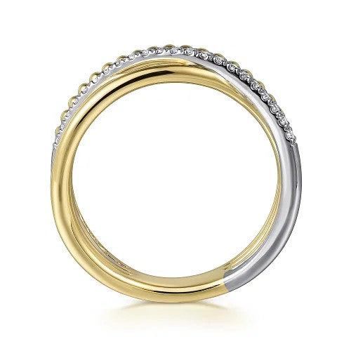 14K White & Yellow Gold Diamond Criss Cross Bujukan Ladies Ring - Elegant Wedding, Engagement & Anniversary Jewelry Gift for Women
