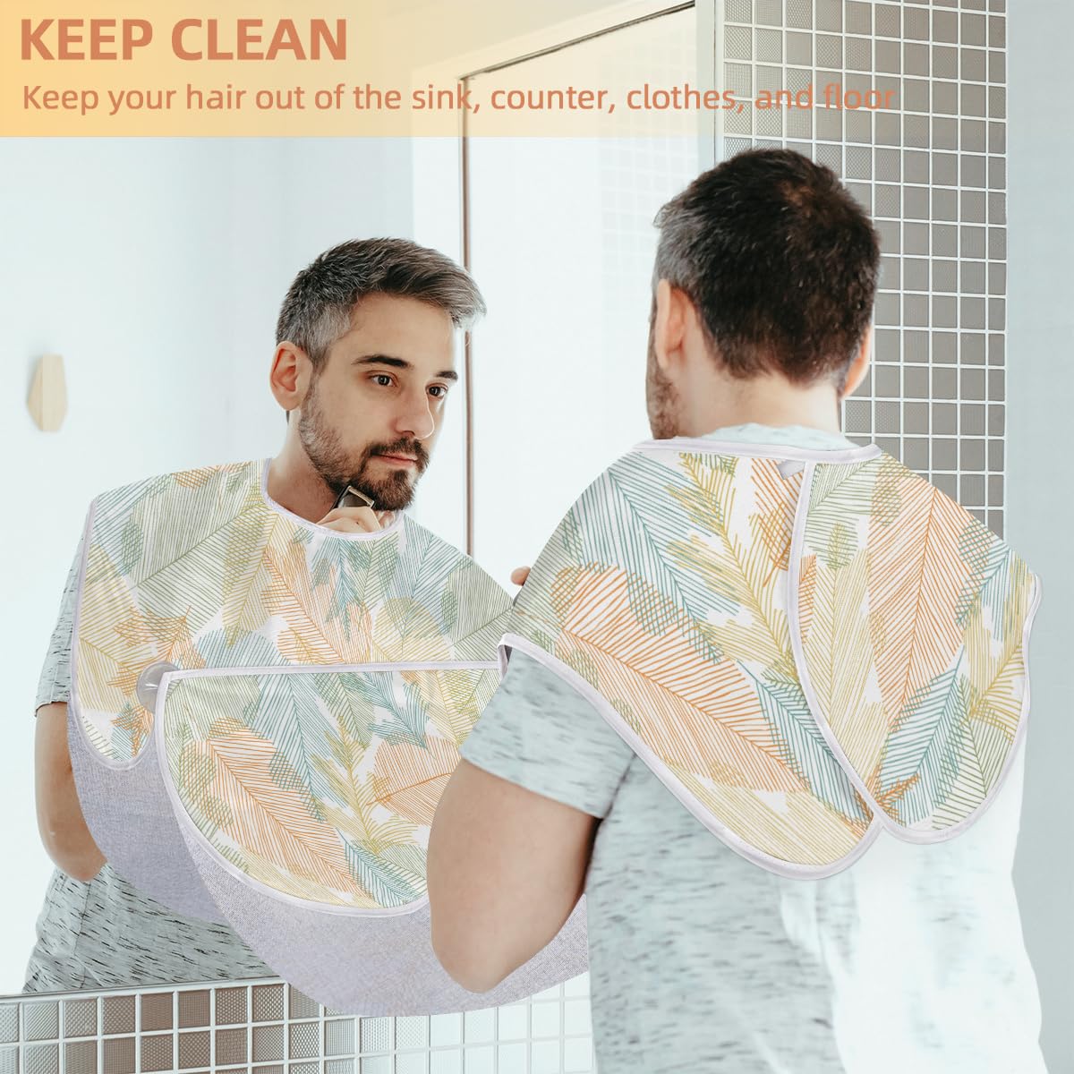 Doodle Pattern Leaves Sketch Beard Bib Hair Catcher for Men - Non-Stick Shaving Apron with Suction Cups - Grooming Cloth for Beards - Perfect Birthday Gift for Husband & Dad - Ideal for Home Barbering & Personal Grooming