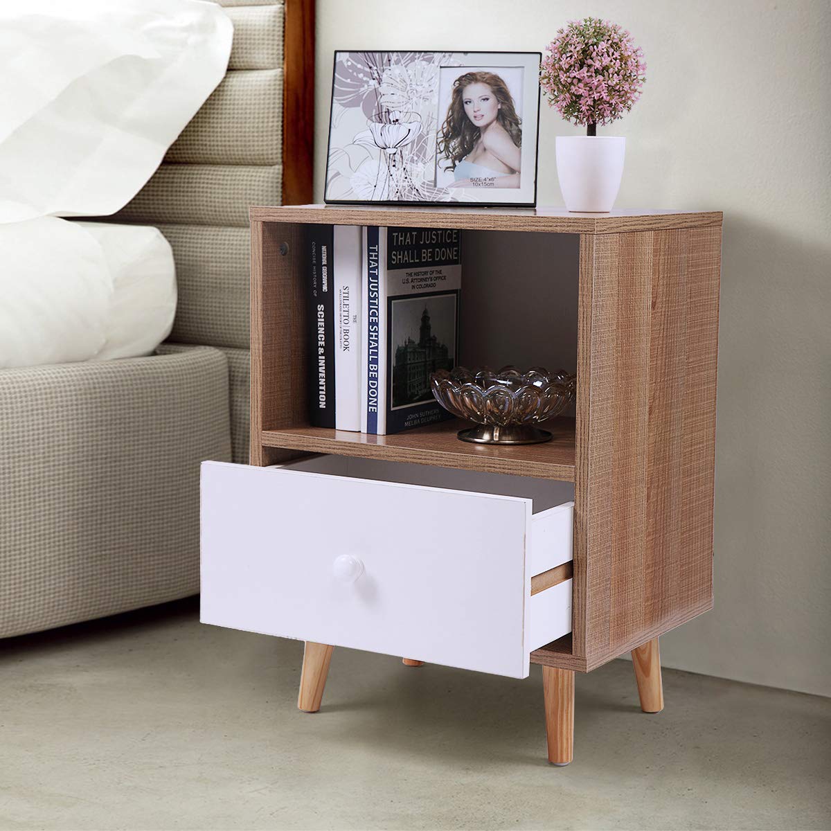 2-Tier Mid Century Modern End Table - Wooden Nightstand Side Table with Storage Drawer & Solid Wood Legs - Natural Wood Color - Perfect for Bedroom, Living Room & Office Spaces