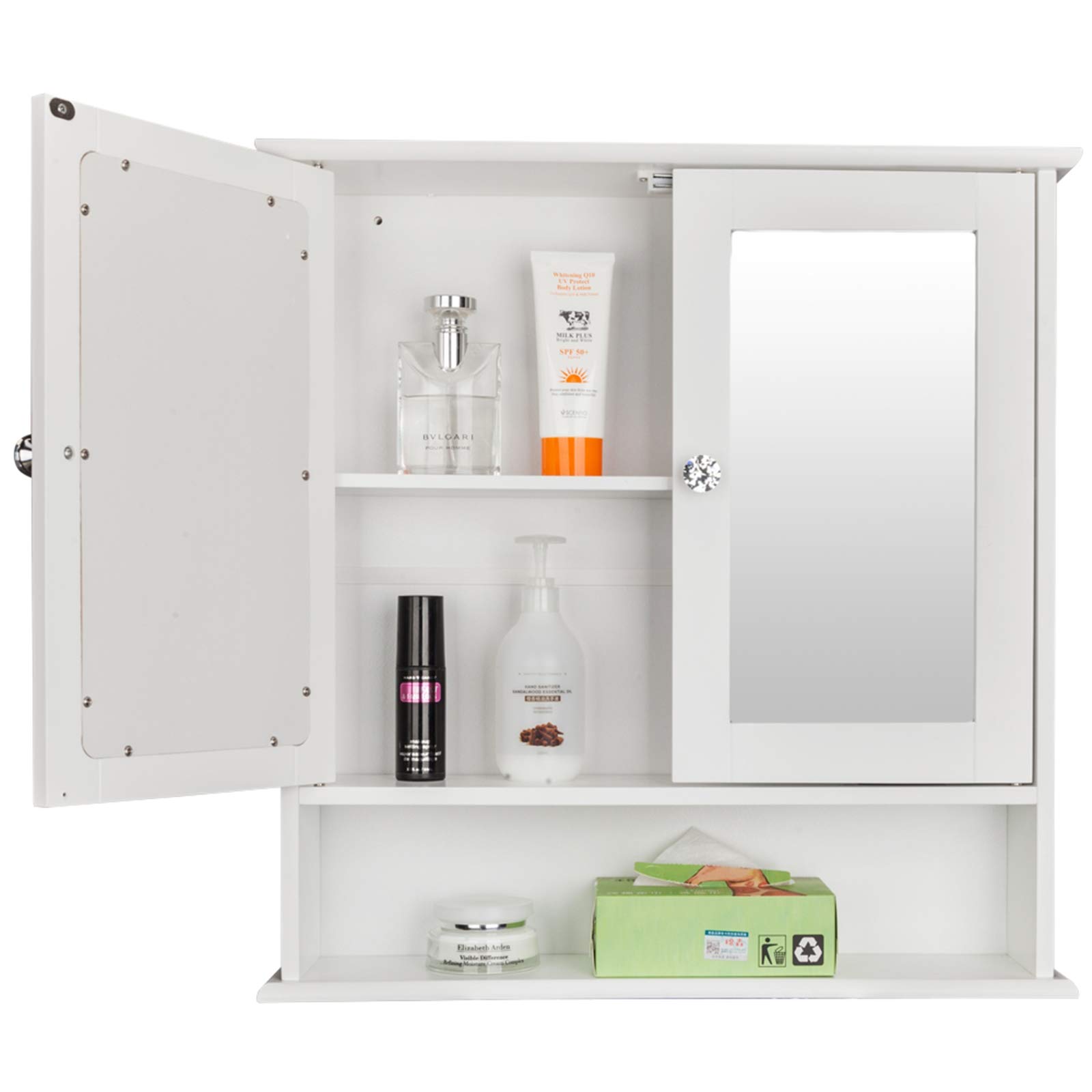 White Double Door Bathroom Wall Mirror Cabinet - Mounted Medicine Storage Cabinet with Shelf for Bathroom, Vestibule & Bedroom - Perfect for Small Spaces & Organization