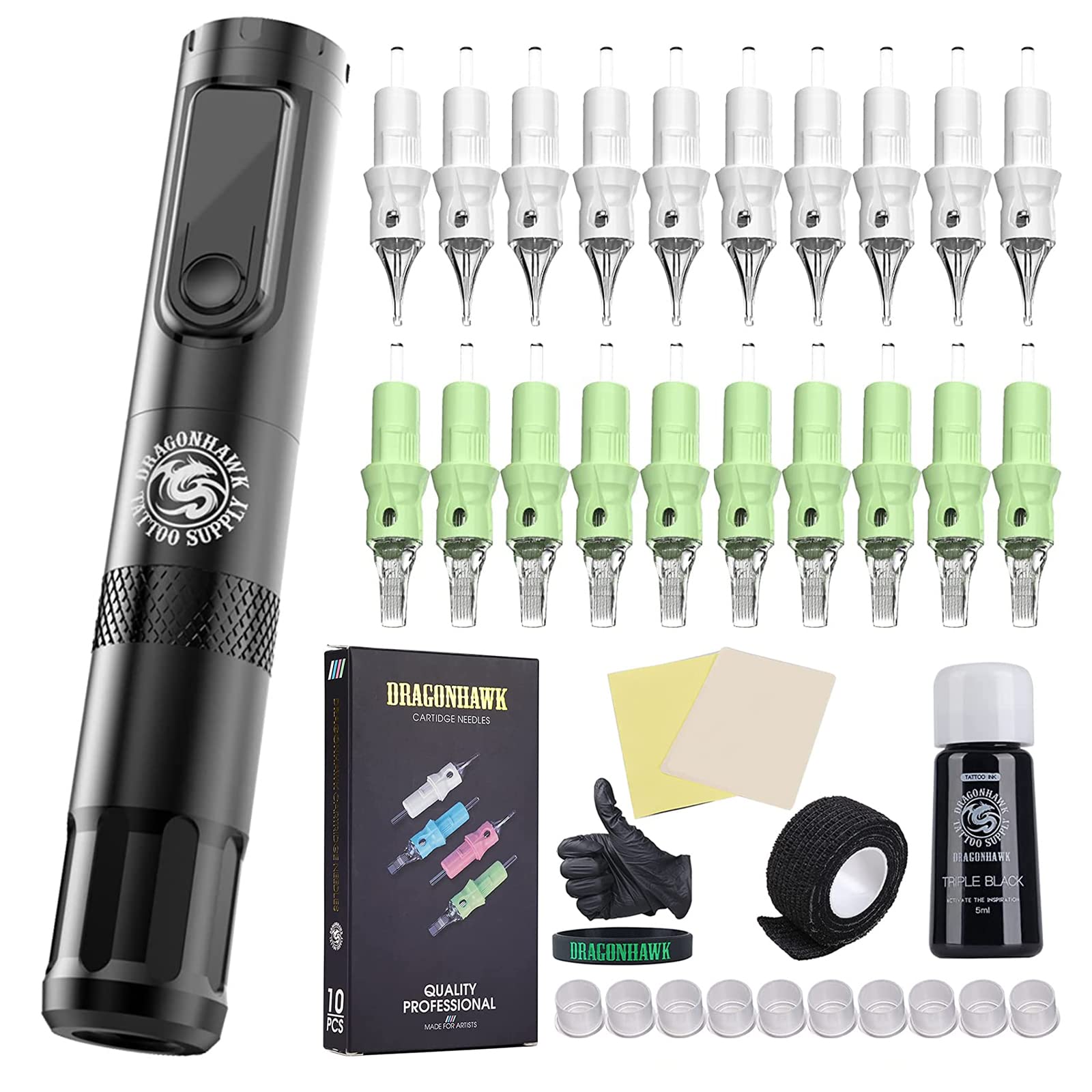 Dragonhawk X4 Wireless Tattoo Pen Kit with Cartridges Needles & Black Ink - Professional Tattoo Machine Gun Set for Artists (TZ-025) | Perfect for Studio Work, Home Tattooing & Professional Use