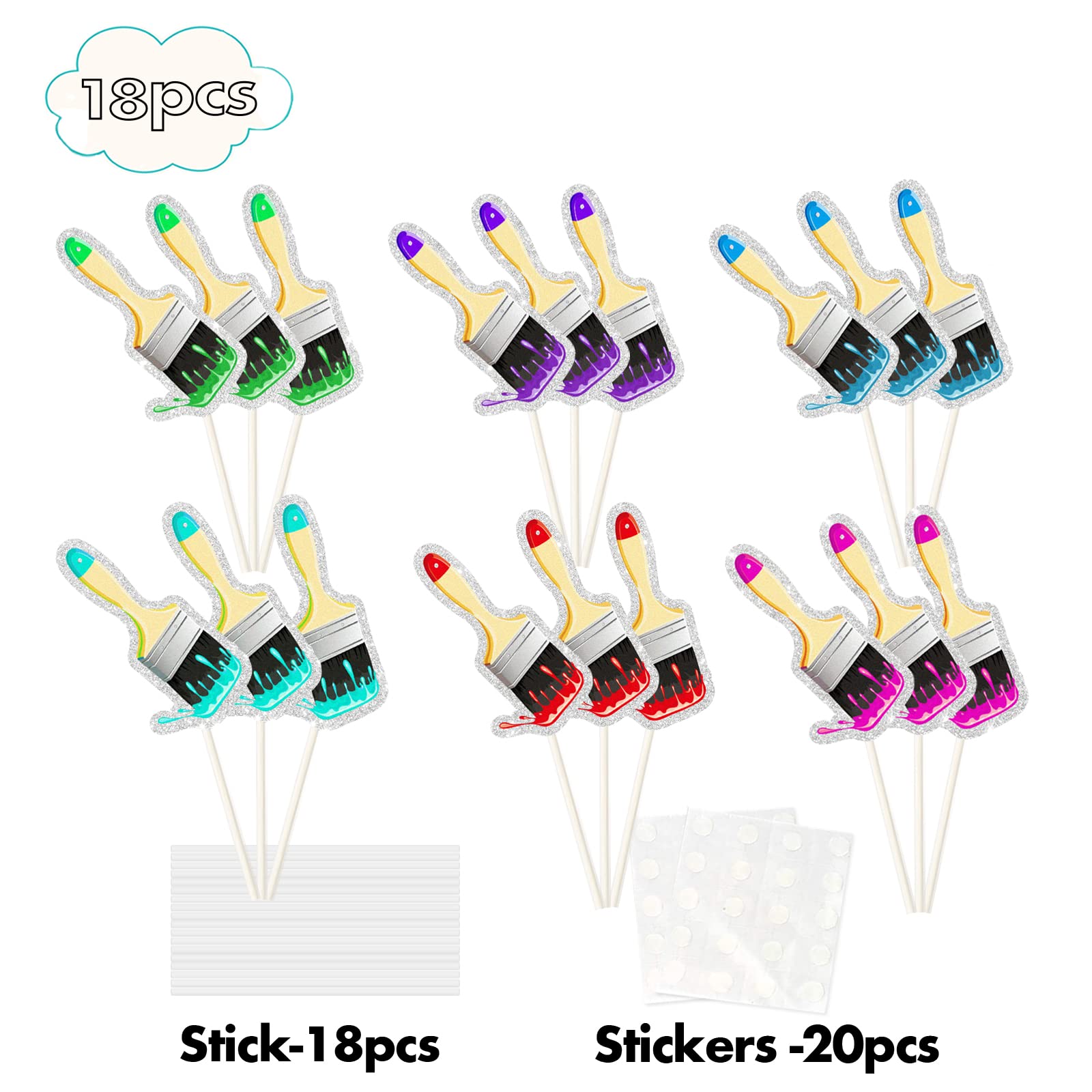 18Pcs Glitter Paint Brush Cupcake Toppers - Graffiti Art Theme Baking Decorations for Birthday Parties, Weddings & Baby Showers - Perfect for Artist-Themed Events, DIY Cupcake Decorating & Creative Dessert Displays