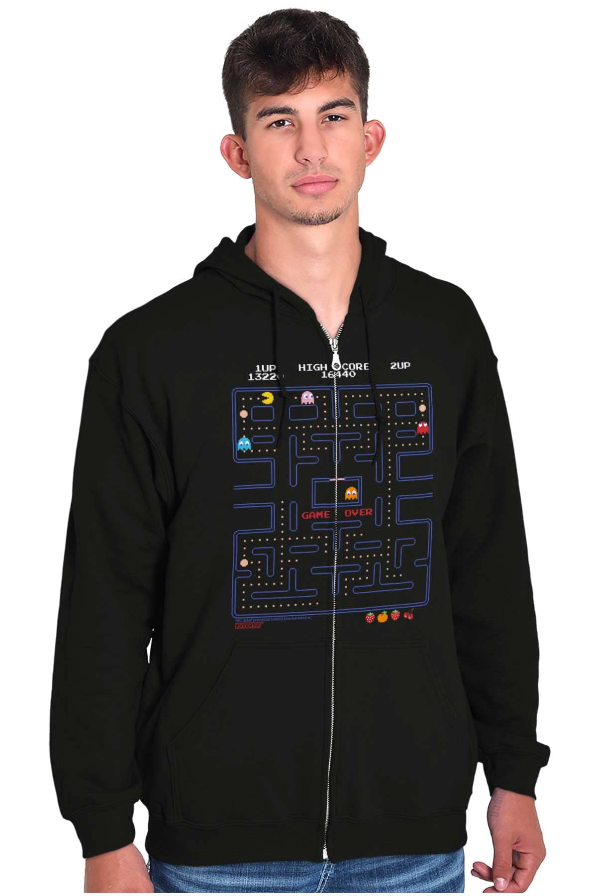 Brisco Brands PACMAN Game Over Retro Video Gaming Zip Up Hoodie for Men & Women - Casual Wear, Cosplay, and Gaming Enthusiasts