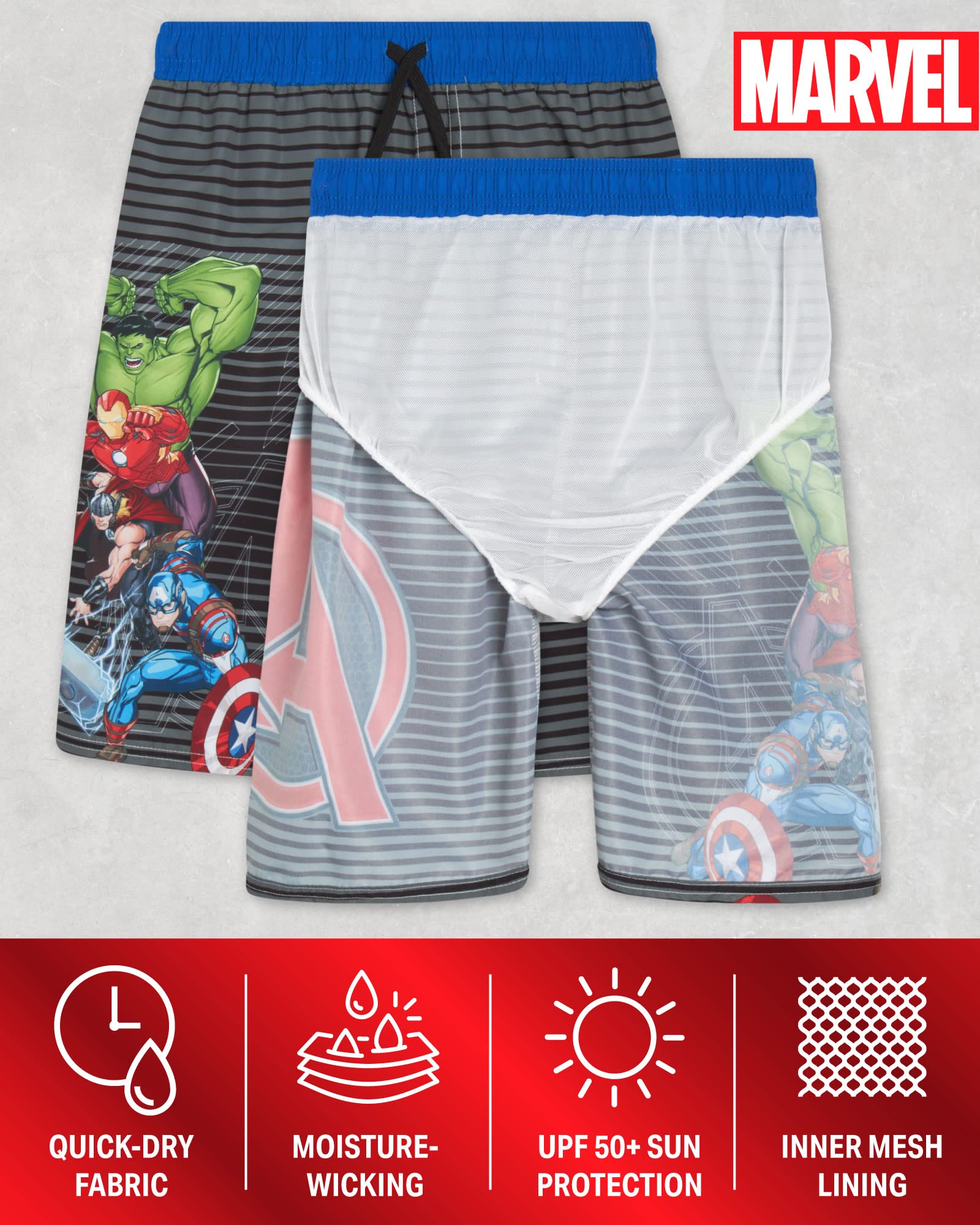 Marvel Avengers Boys' Swim Trunks - Spider-Man, Captain America, Hulk UPF 50+ Quick Dry Swim Shorts for Kids (2T-12) | Beach, Pool & Summer Water Activities